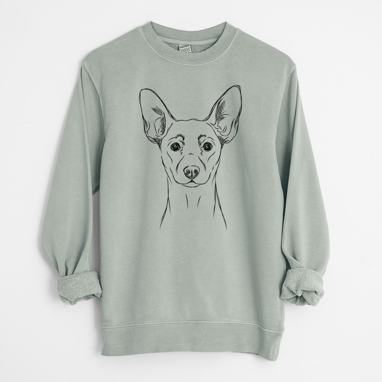 Hand-drawn sketch of Chillie the Mini Pinscher on a Sage Unisex pigment dyed crew sweatshirt