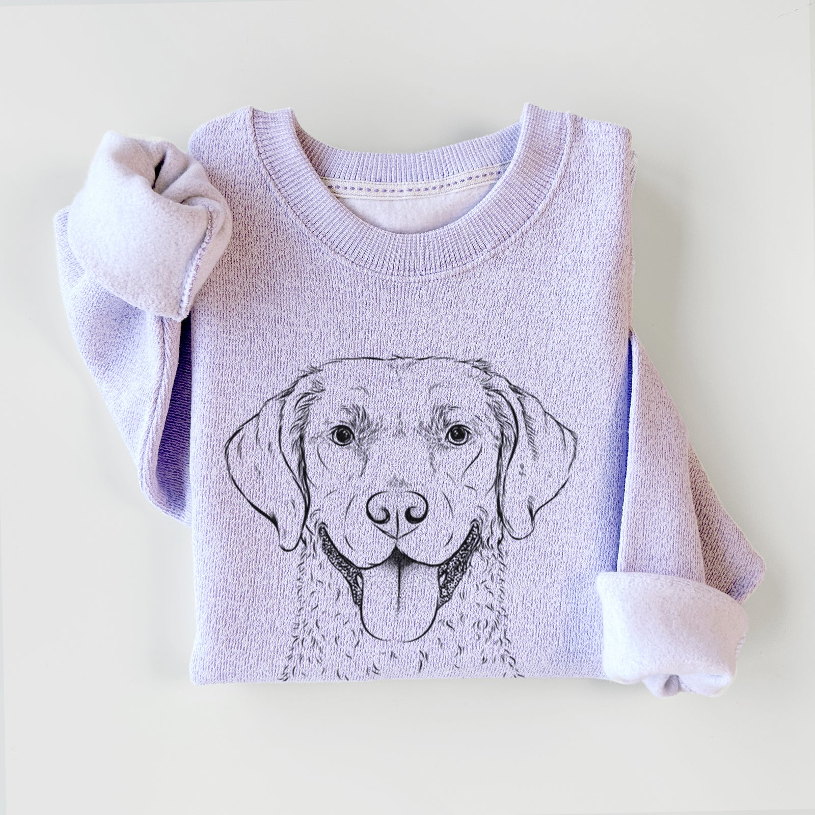 Hand-drawn sketch of Chip the Chesapeake Bay Retriever on an Ice Purple knit sweatshirt