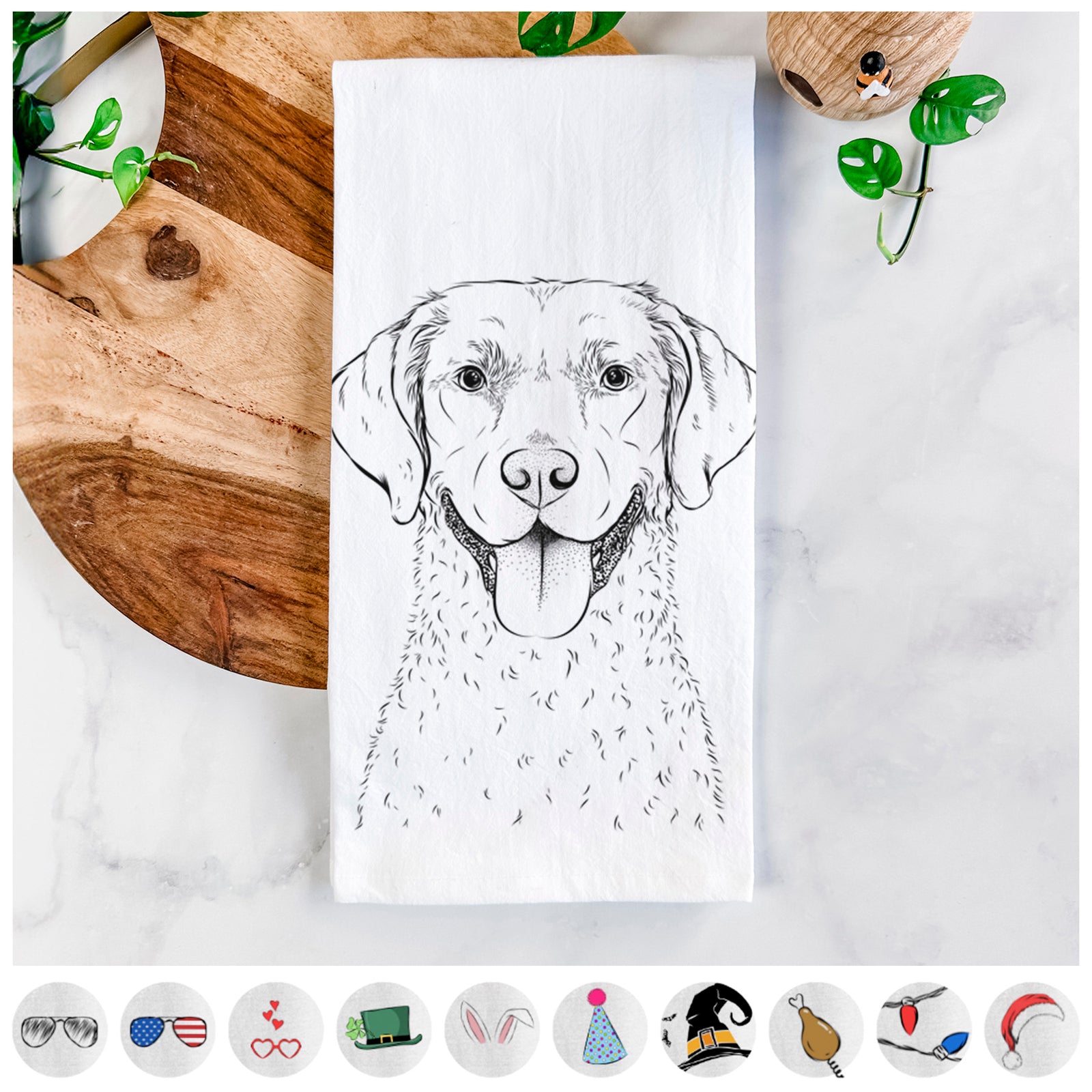 Hand-drawn sketch of Chip the Chesapeake Bay Retriever on a tea towel, shown with icons of the other available costume styles
