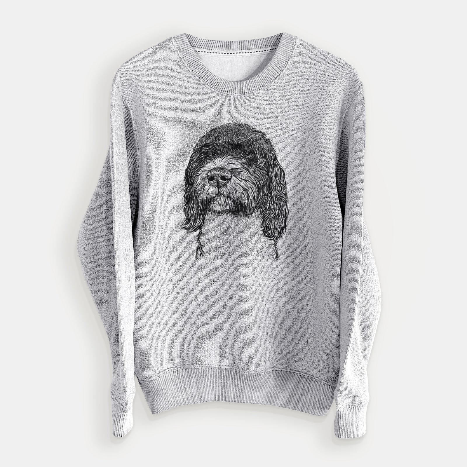 Hand-drawn sketch of Chris the Portuguese Water Dog on a Salt Pepper knit sweatshirt