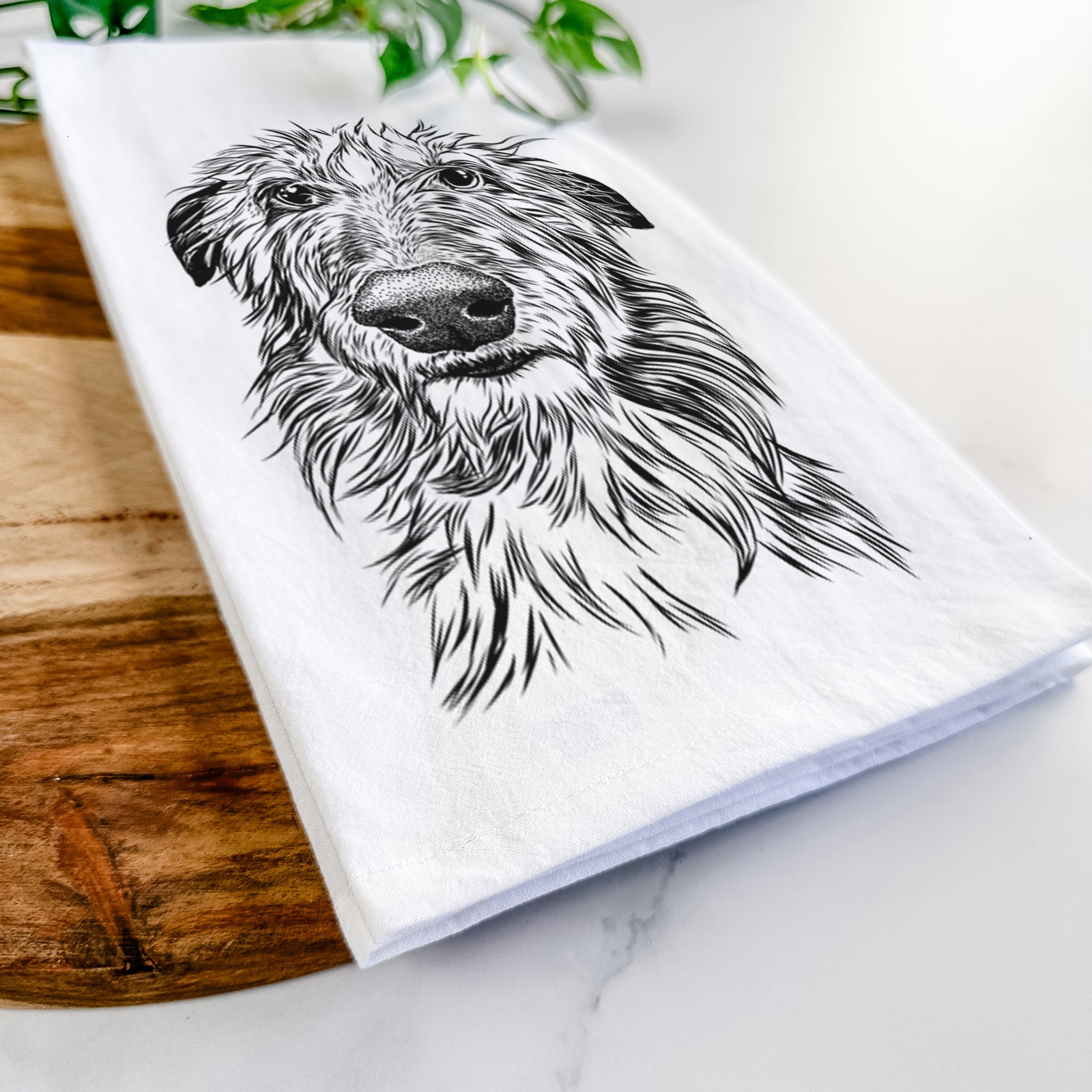 Hand-drawn sketch of Cleod the Scottish Deerhound on a tea towel