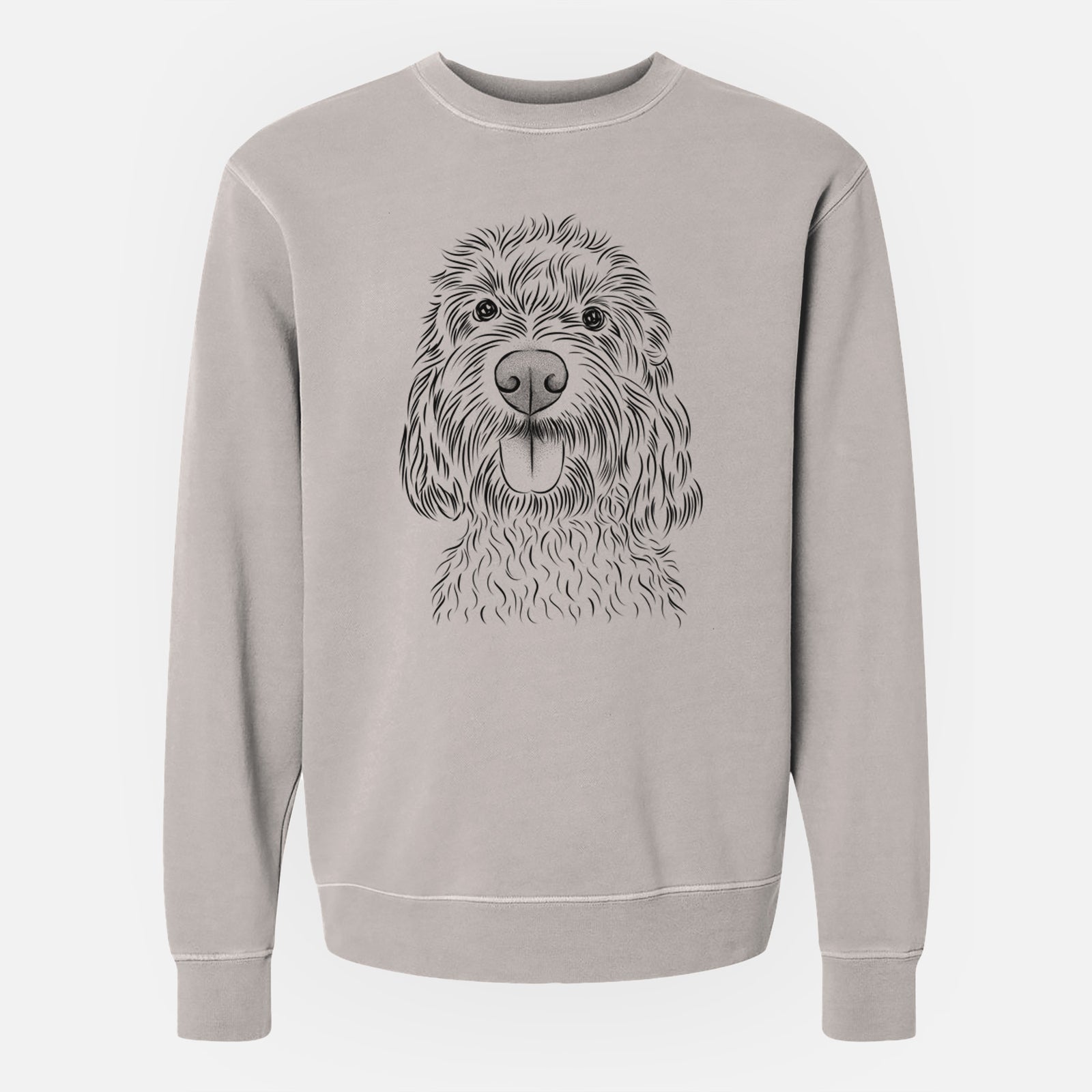Hand-drawn sketch of Clover the Cockapoo on a Cement Unisex pigment dyed crew sweatshirt