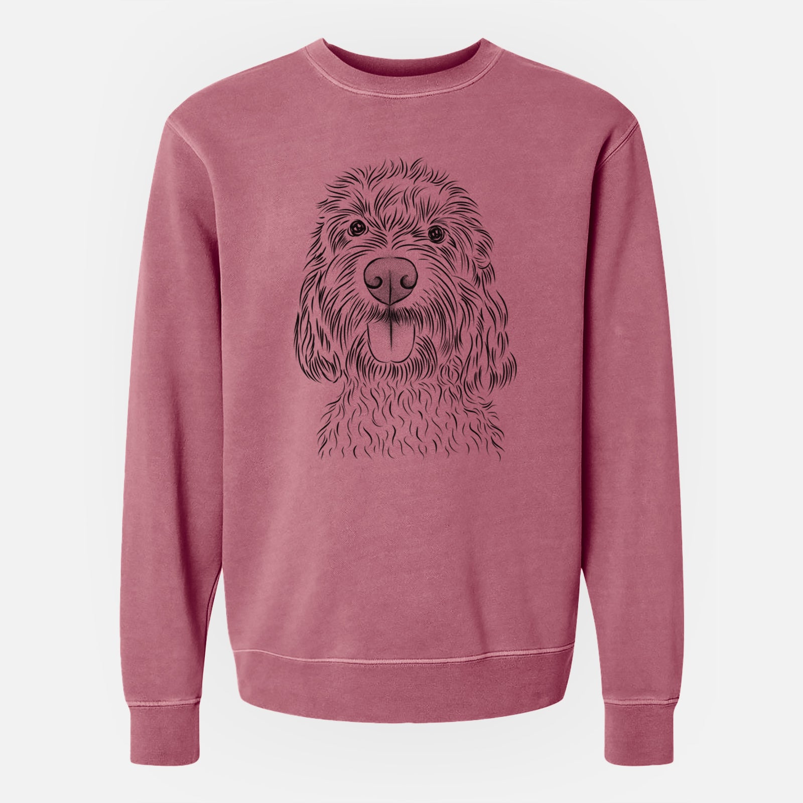 Hand-drawn sketch of Clover the Cockapoo on a Maroon Unisex pigment dyed crew sweatshirt