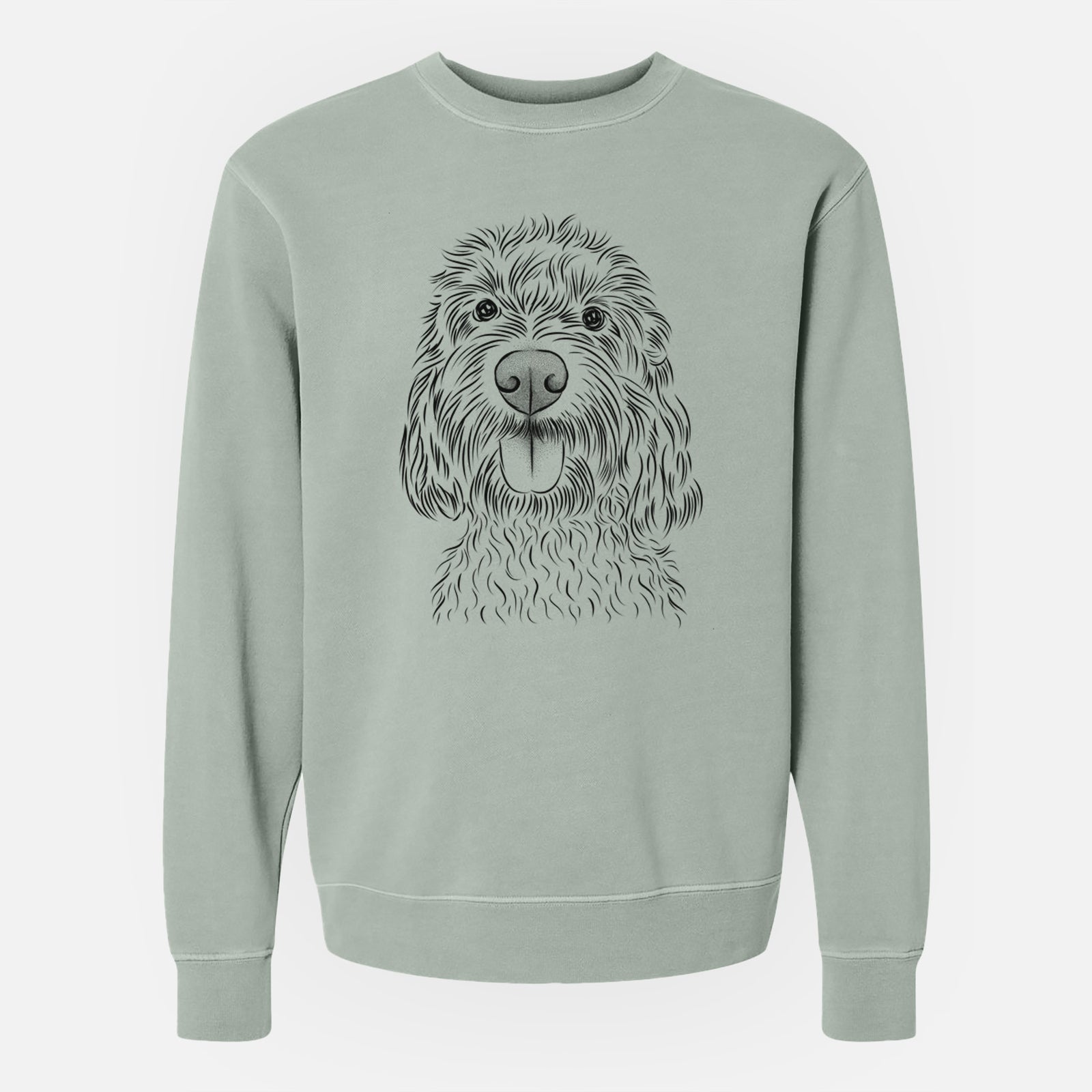 Hand-drawn sketch of Clover the Cockapoo on a Sage Unisex pigment dyed crew sweatshirt