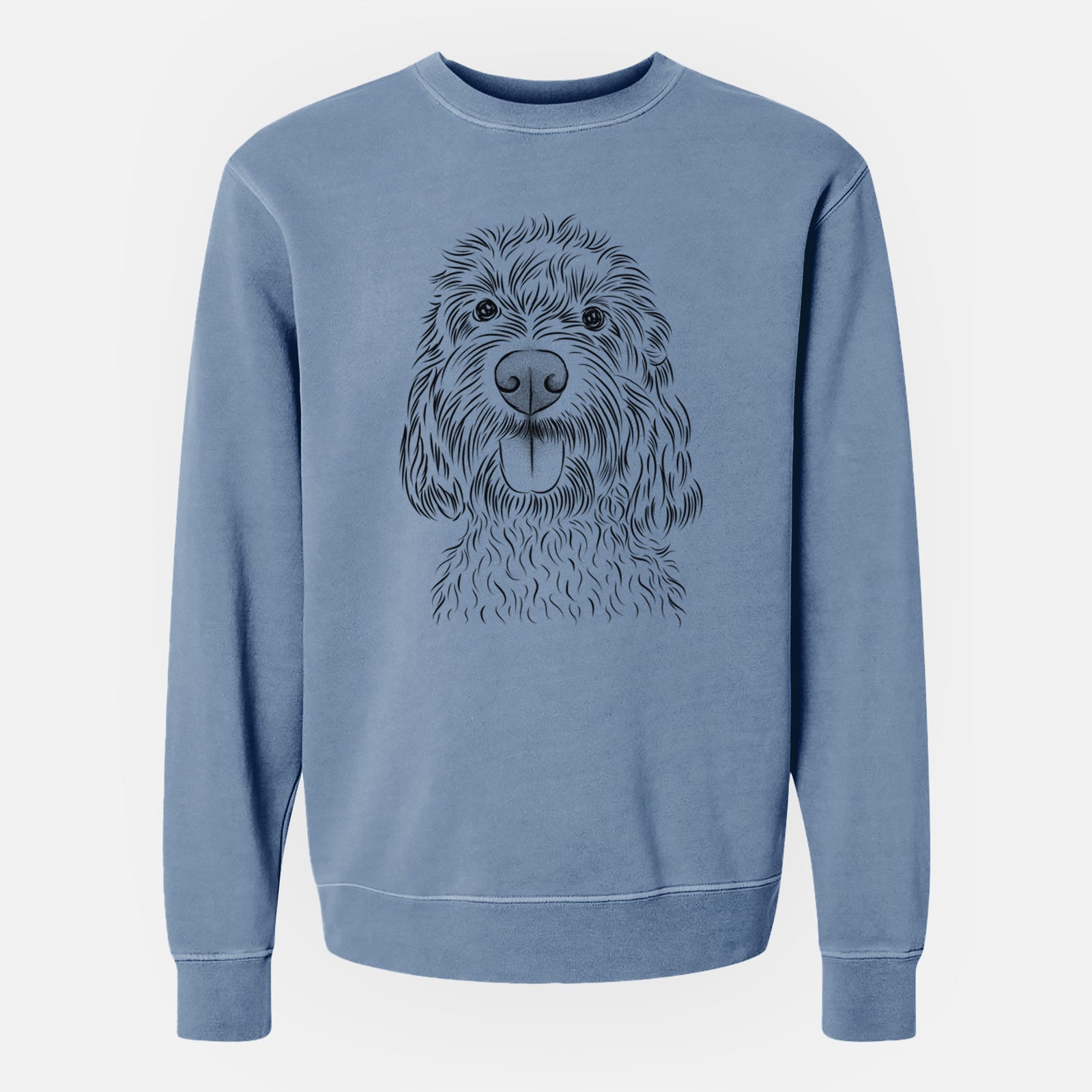 Hand-drawn sketch of Clover the Cockapoo on a Slate Blue Unisex pigment dyed crew sweatshirt