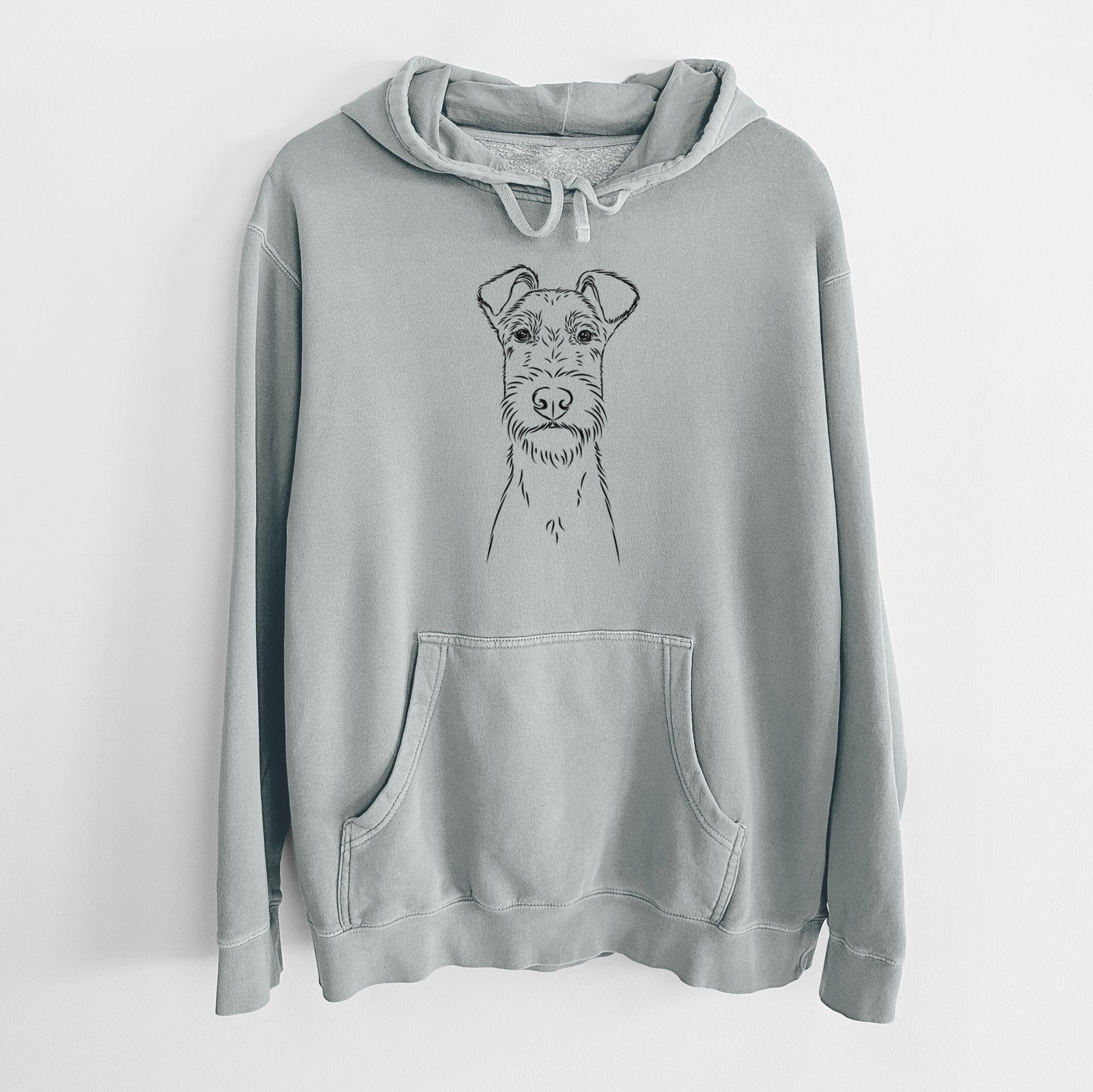 Hand-drawn sketch of Connor the Irish Terrier on a Sage Unisex pigment dyed hoodie
