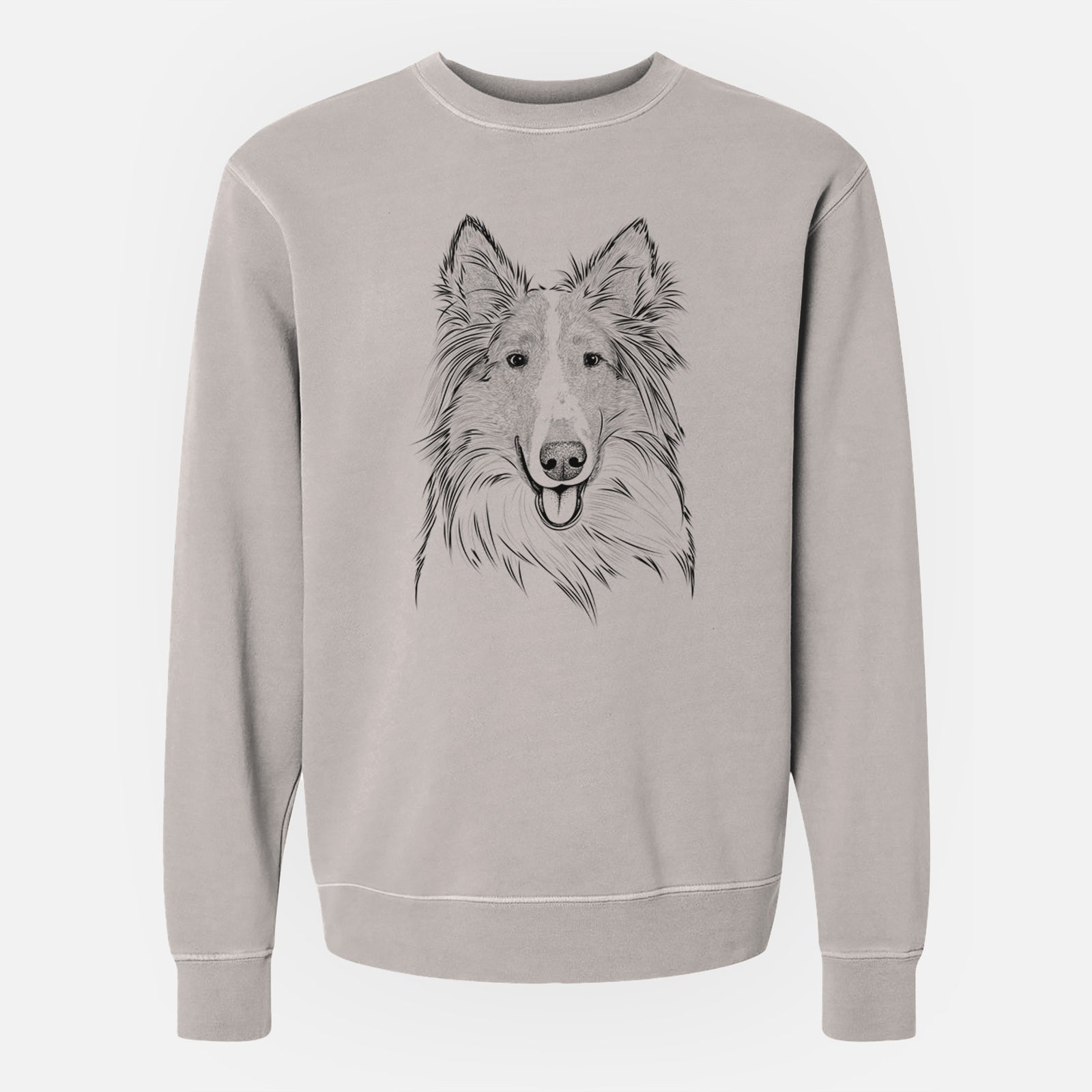 Hand-drawn sketch of Conrad the Rough Collie on a Cement Unisex pigment dyed crew sweatshirt