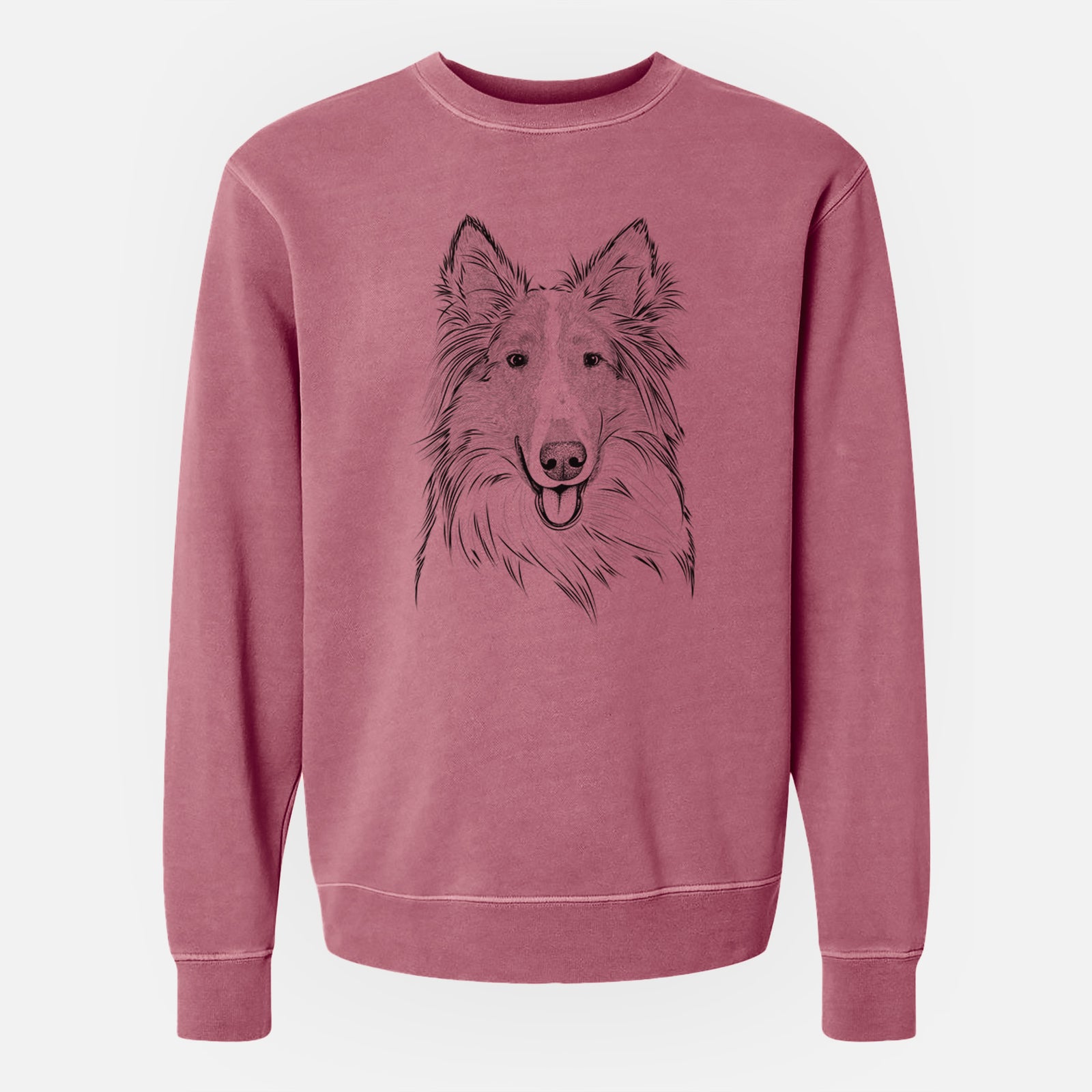 Hand-drawn sketch of Conrad the Rough Collie on a Maroon Unisex pigment dyed crew sweatshirt