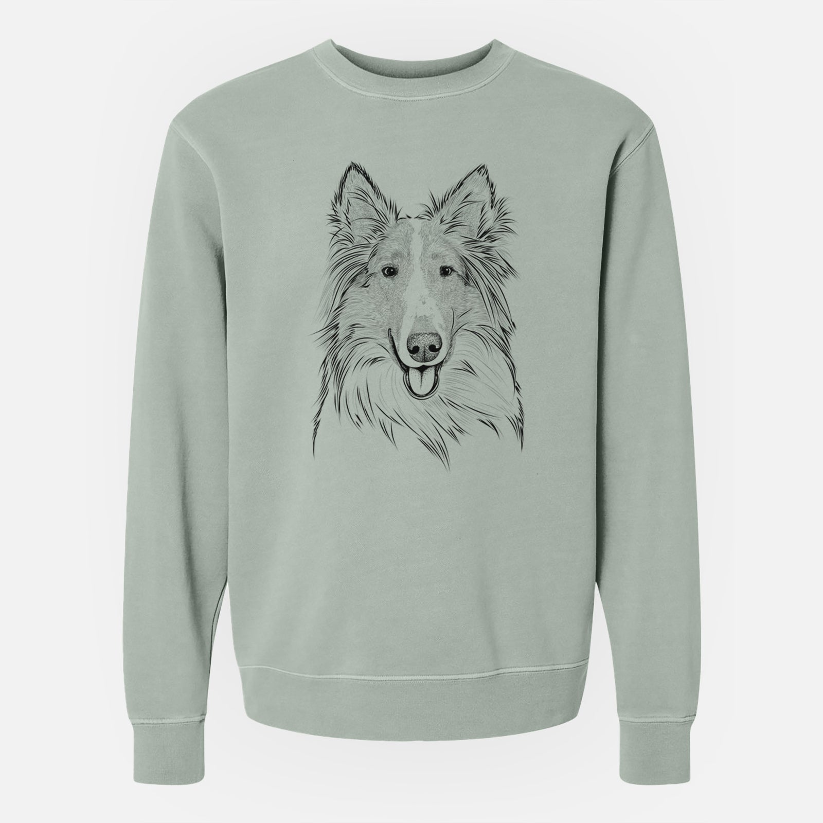 Hand-drawn sketch of Conrad the Rough Collie on a Sage Unisex pigment dyed crew sweatshirt