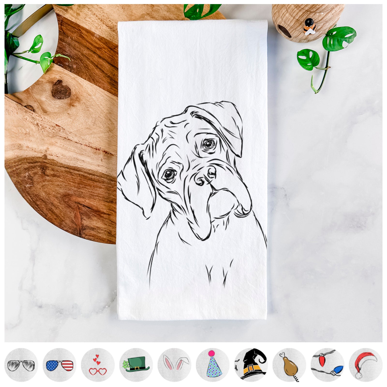 Hand-drawn sketch of Cooper the Boxer on a tea towel, shown with icons of the other available costume styles