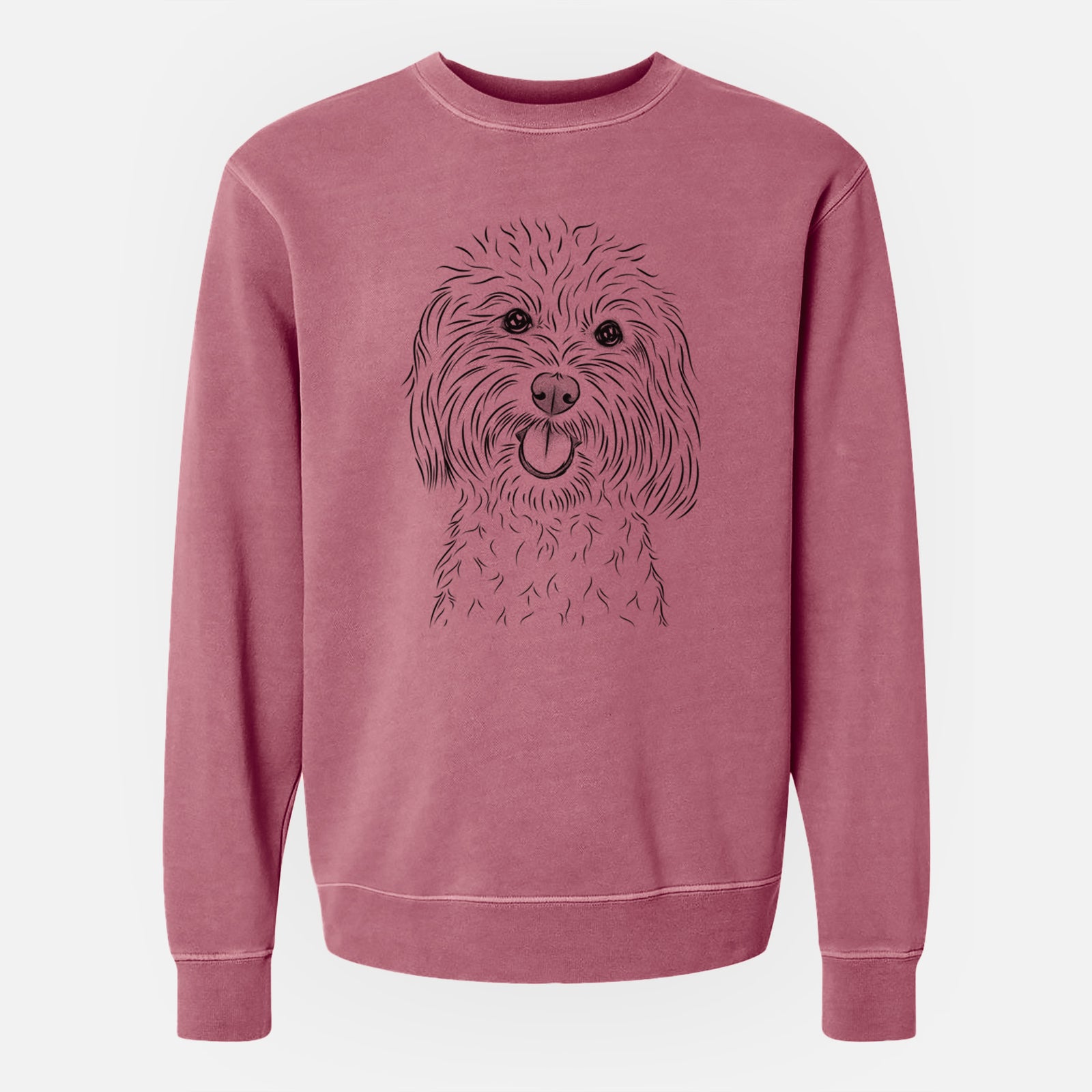 Hand-drawn sketch of Cuddles the Coton de Tulear on a Maroon Unisex pigment dyed crew sweatshirt