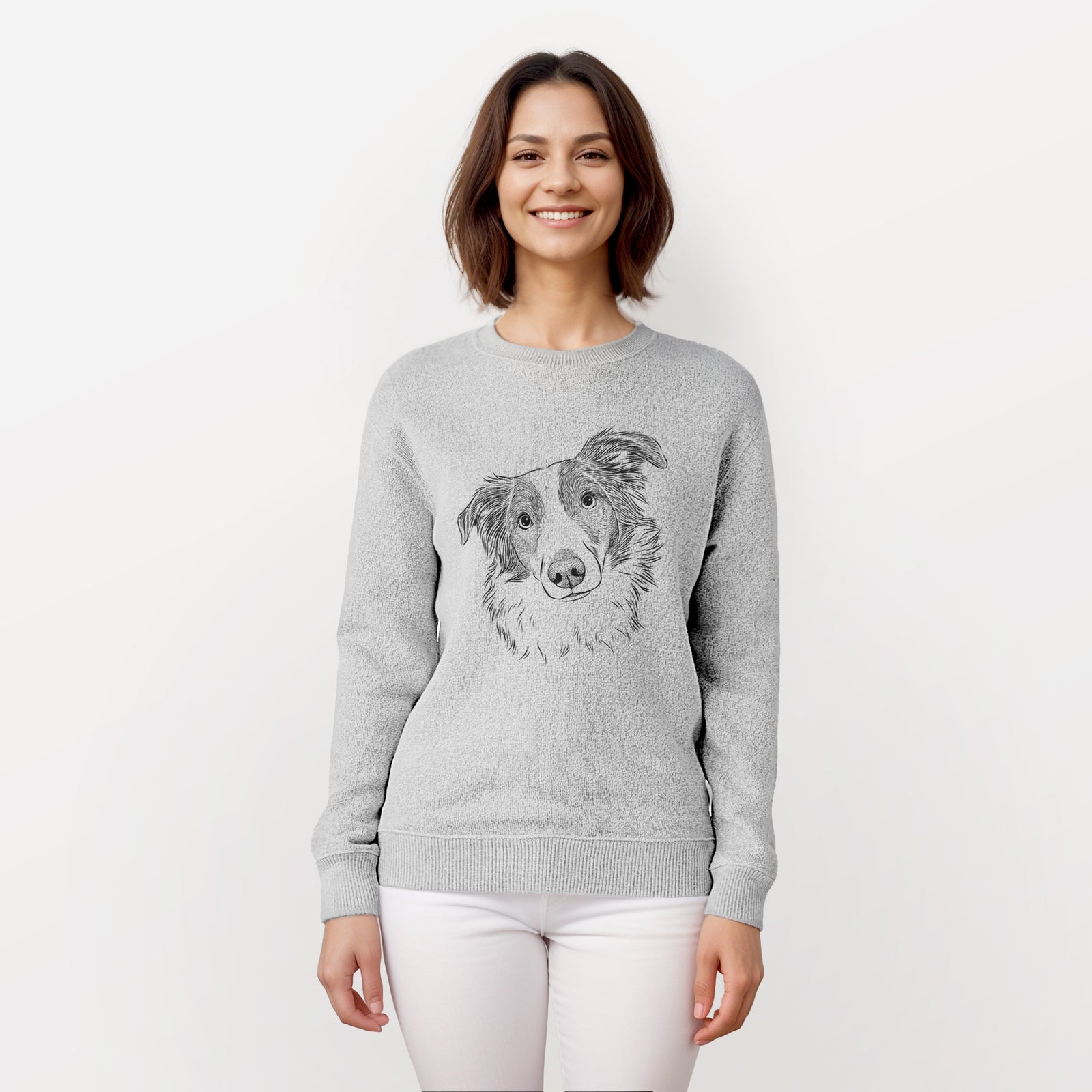 Hand-drawn sketch of Cyclone the Australian Shepherd on a knit sweatshirt, worn by a woman