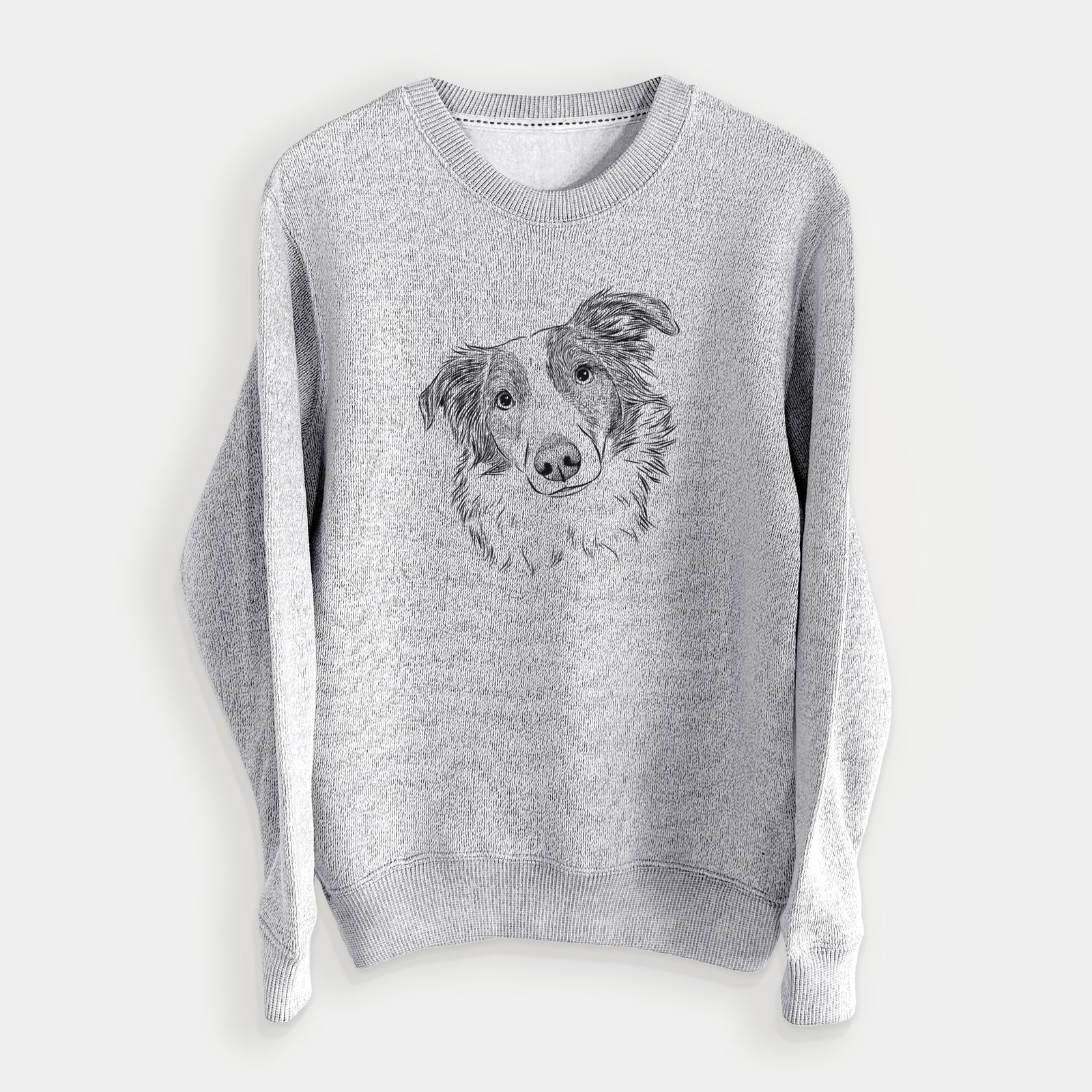 Hand-drawn sketch of Cyclone the Australian Shepherd on a Salt Pepper knit sweatshirt