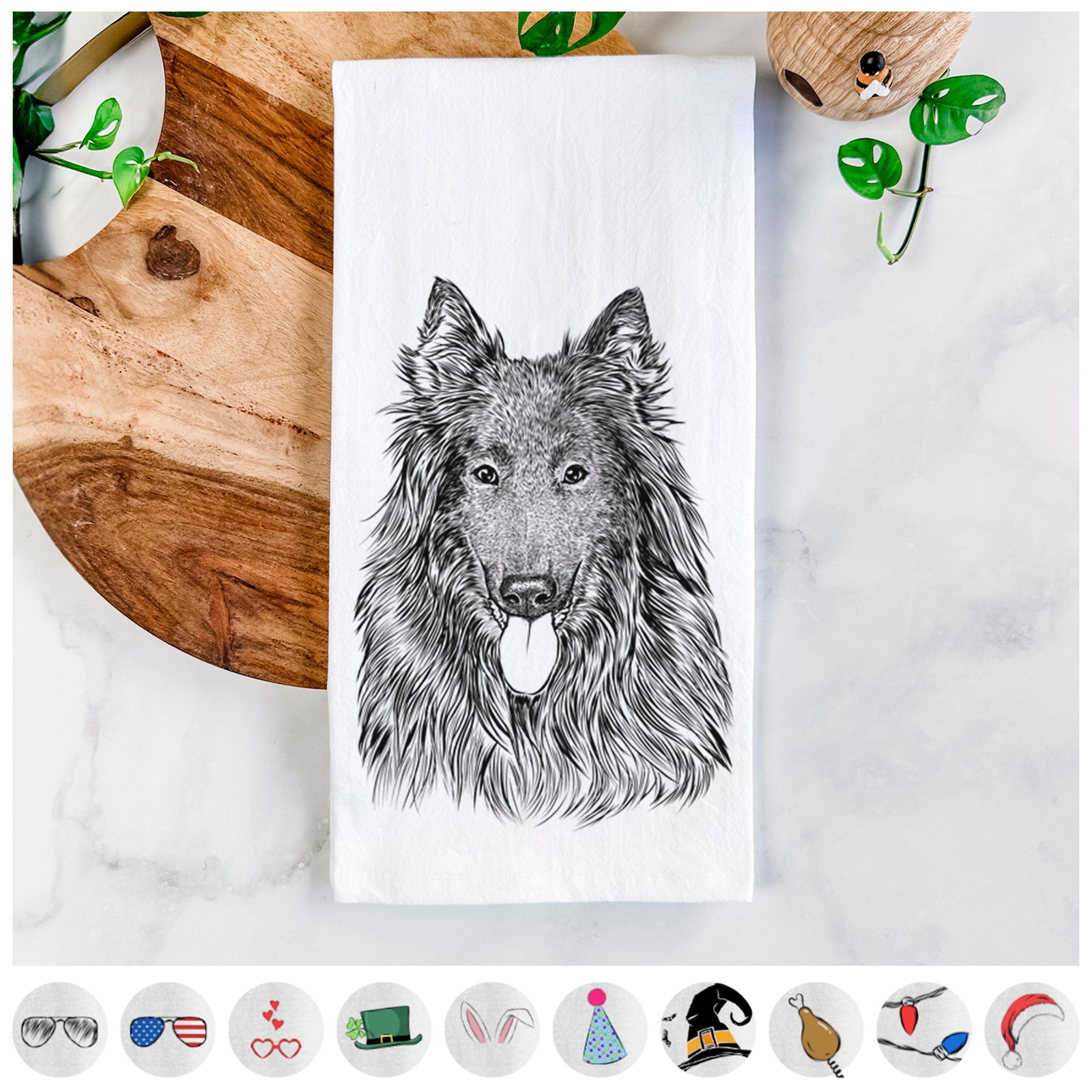 Hand-drawn sketch of Daan the Belgian Shepherd on a tea towel, shown with icons of the other available costume styles