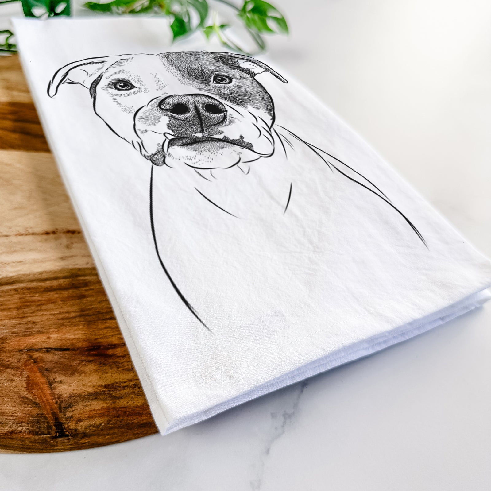 Hand-drawn sketch of Dexter the Pitbull on a tea towel