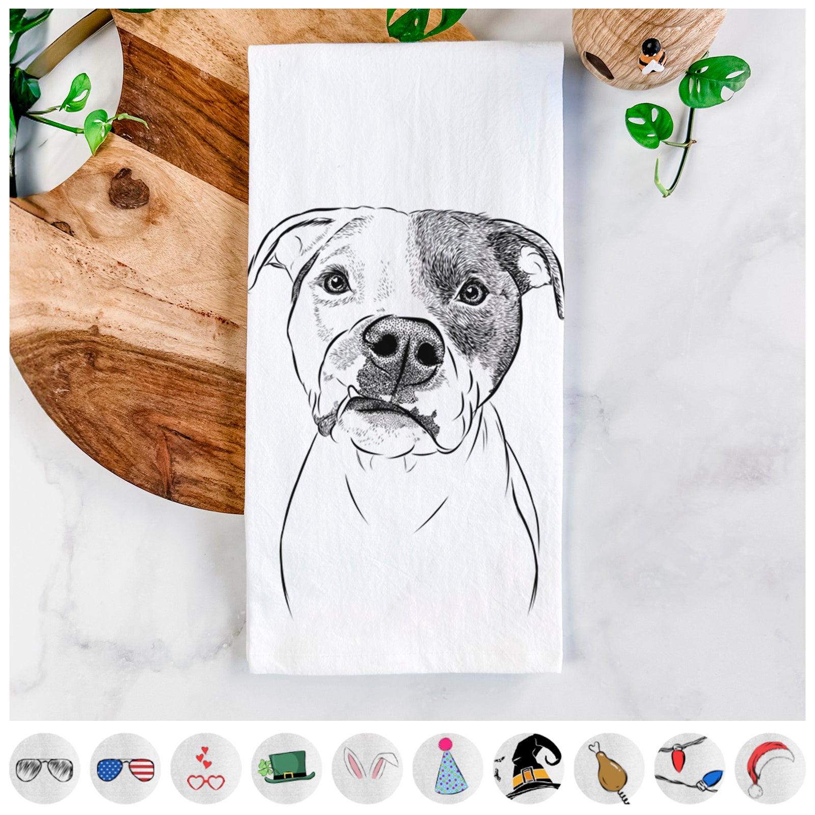 Hand-drawn sketch of Dexter the Pitbull on a tea towel, shown with icons of the other available costume styles