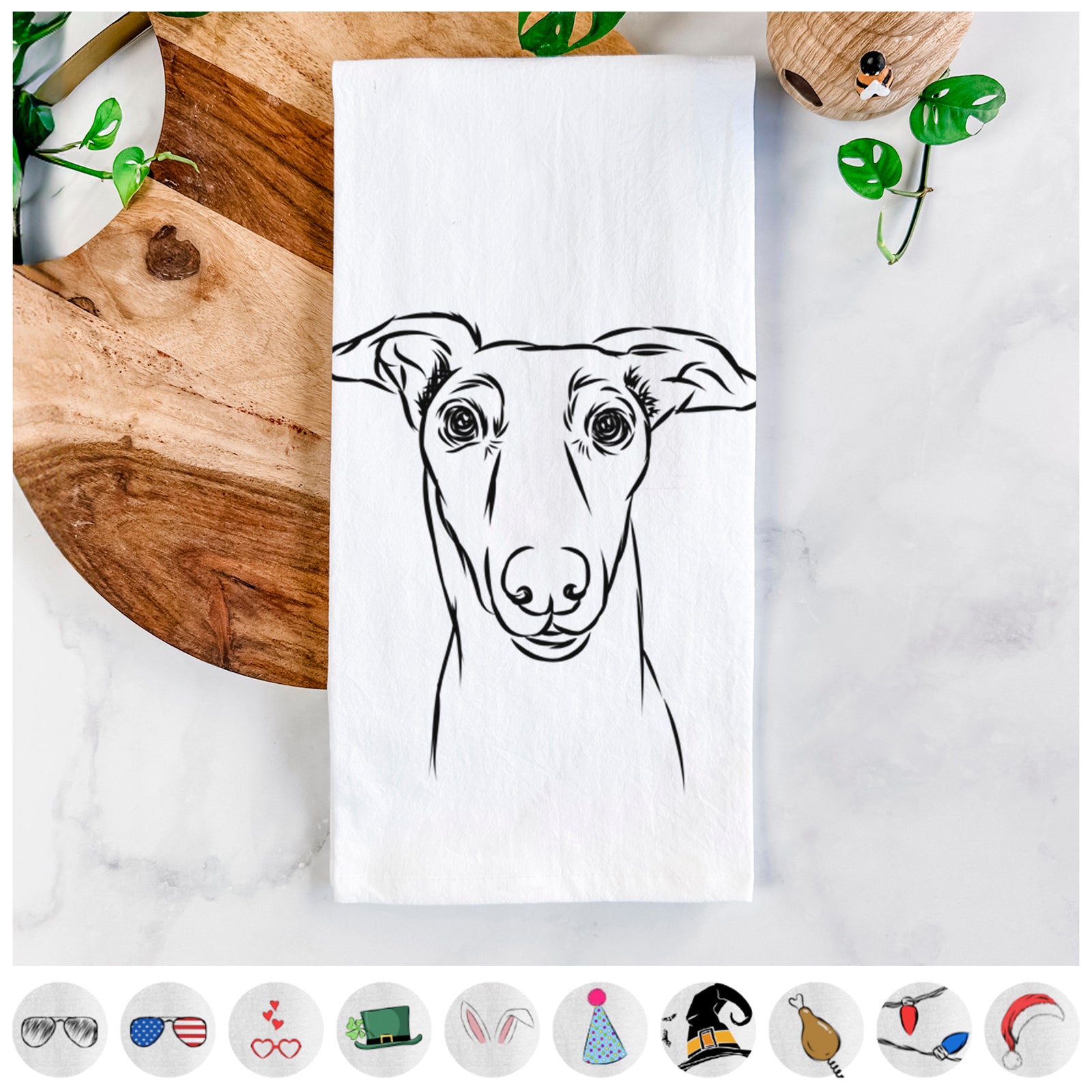 Hand-drawn sketch of Diva the Greyhound on a tea towel, shown with icons of the other available costume styles
