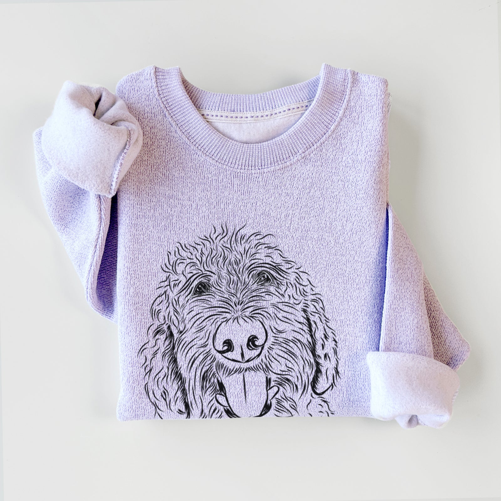 Hand-drawn sketch of Dixie the Doodle on an Ice Purple knit sweatshirt