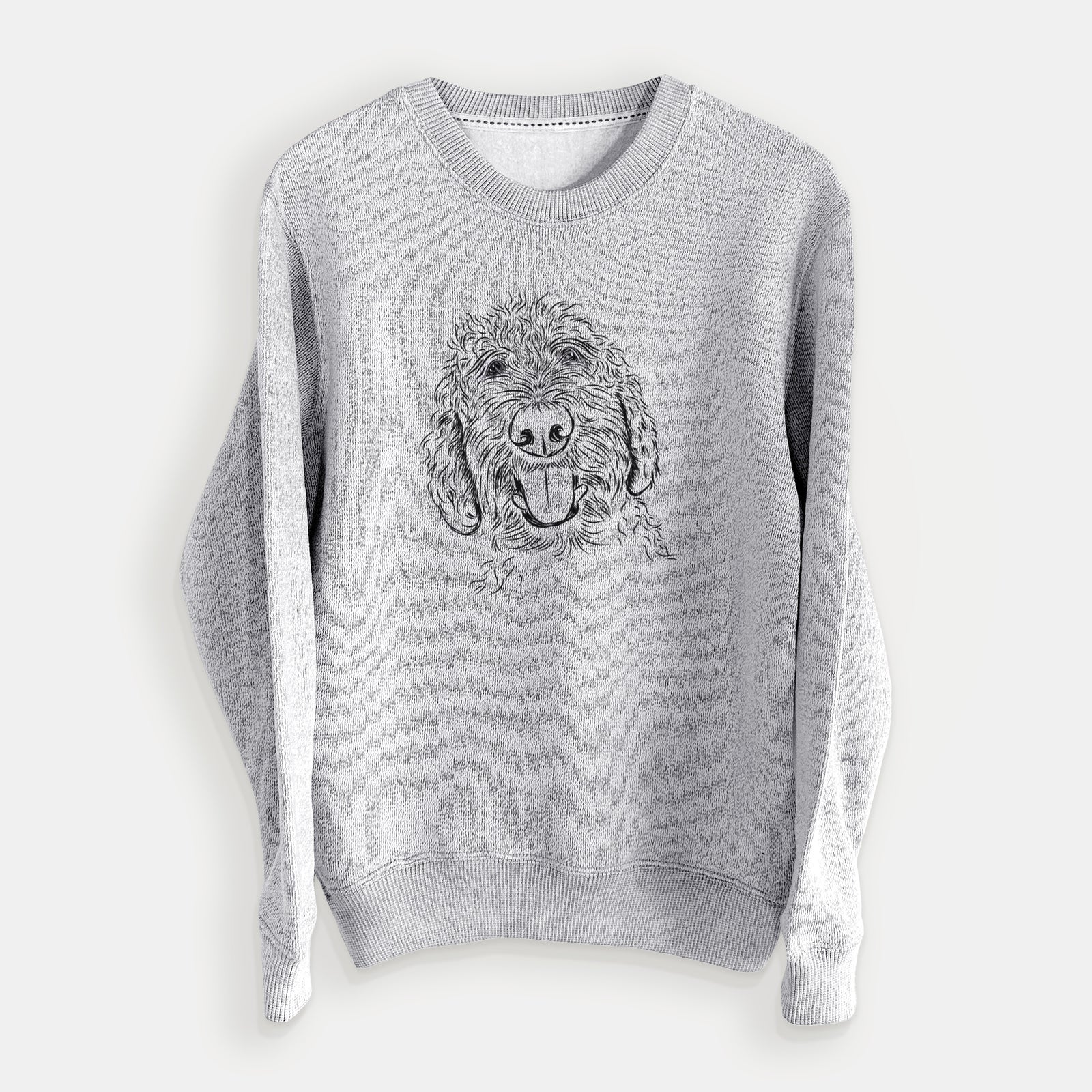 Hand-drawn sketch of Dixie the Doodle on a Salt Pepper knit sweatshirt