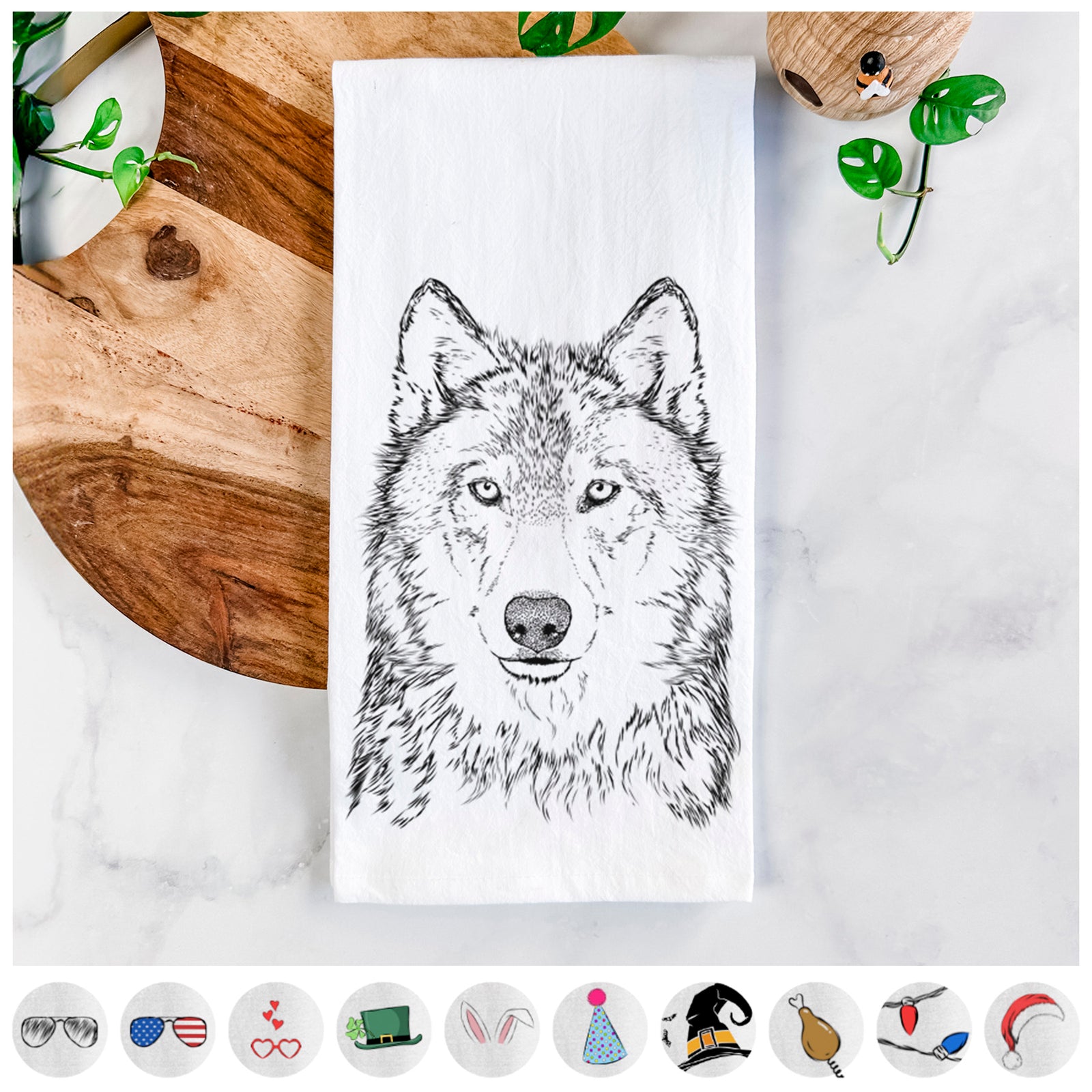 Hand-drawn sketch of Django the Grey Wolf on a tea towel, shown with icons of the other available costume styles