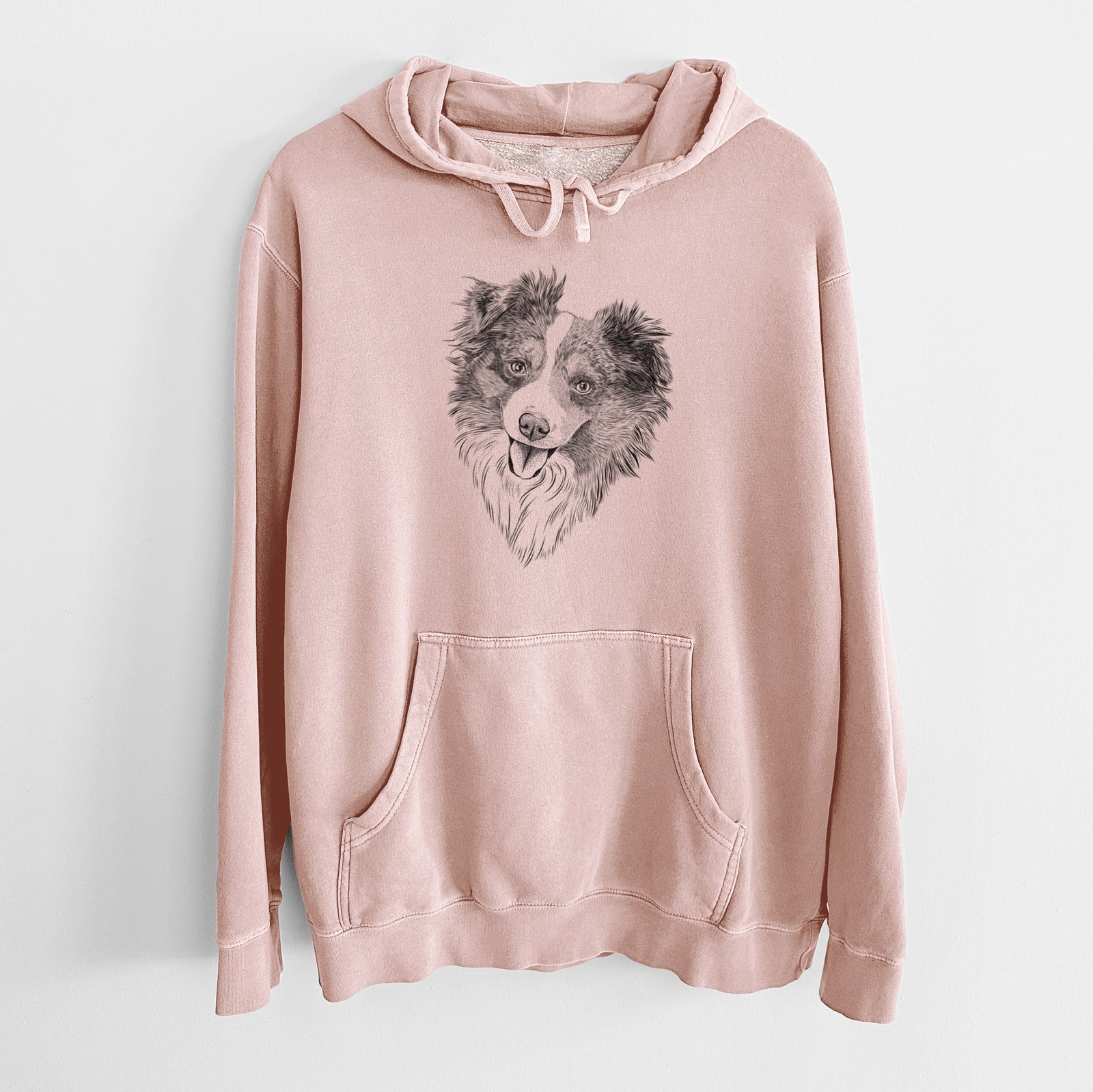 Hand-drawn sketch of Doc the Mini Aussie on a Dusty Pink Unisex pigment dyed hoodie