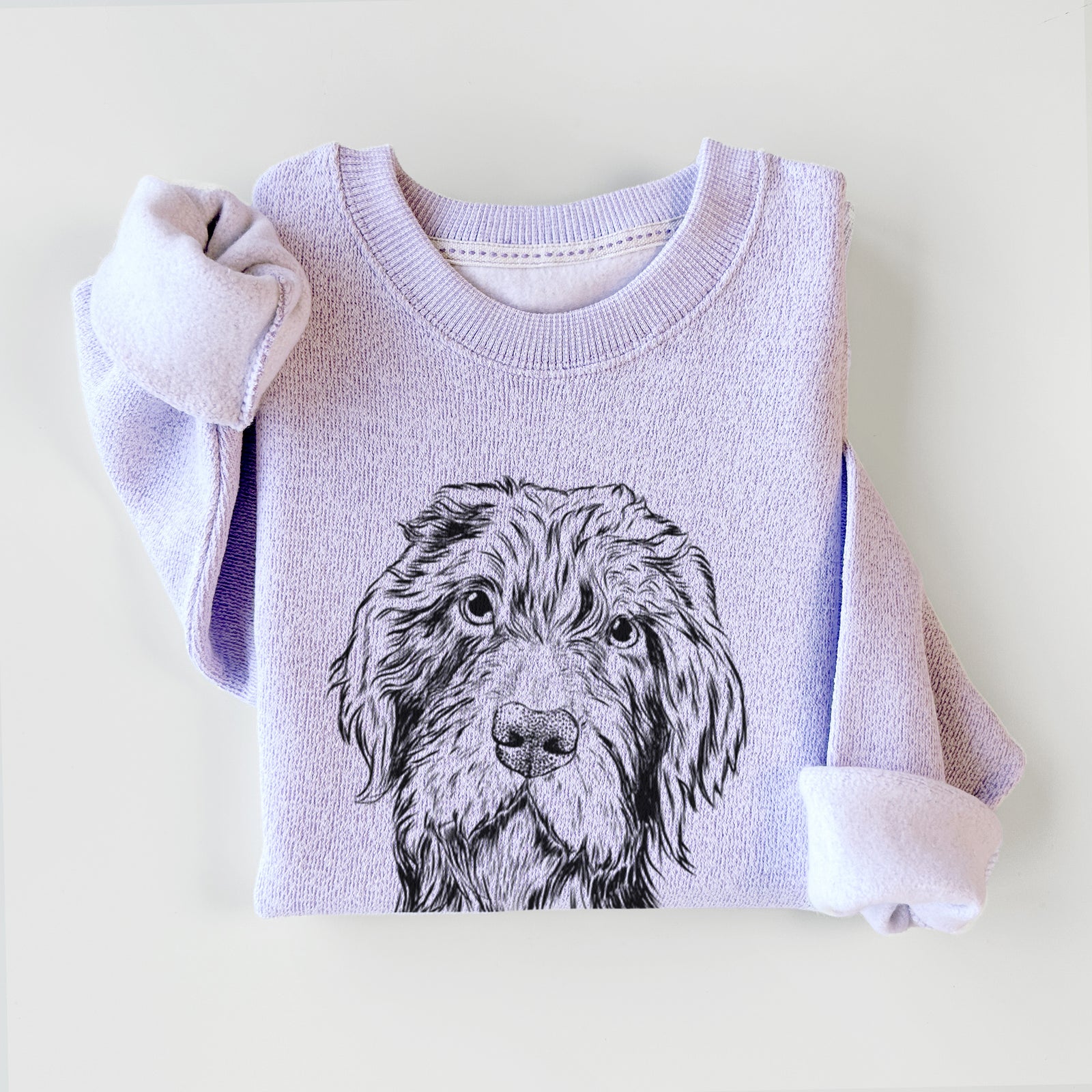 Hand-drawn sketch of Doc Holliday the Pudelpointer on an Ice Purple knit sweatshirt