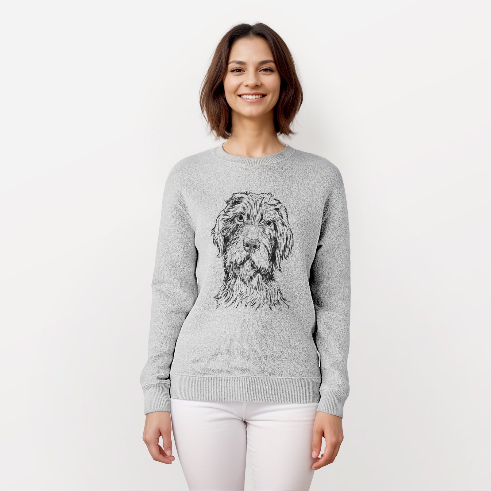Hand-drawn sketch of Doc Holliday the Pudelpointer on a knit sweatshirt, worn by a woman