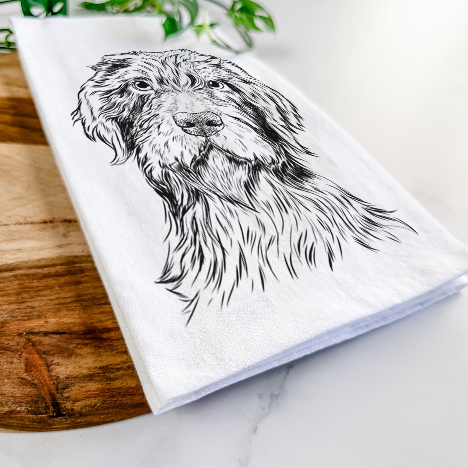 Hand-drawn sketch of Doc Holliday the Pudelpointer on a tea towel