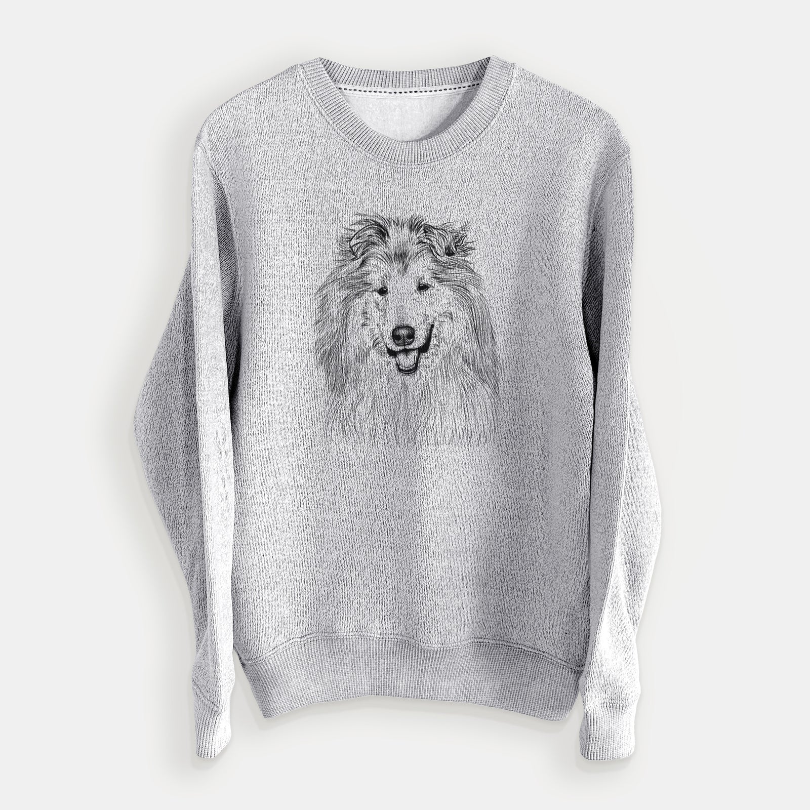 Hand-drawn sketch of Donnan the Rough Collie on a Salt Pepper knit sweatshirt