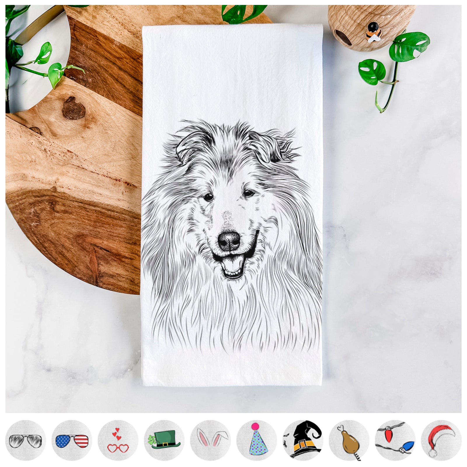 Hand-drawn sketch of Donnan the Rough Collie on a tea towel, shown with icons of the other available costume styles