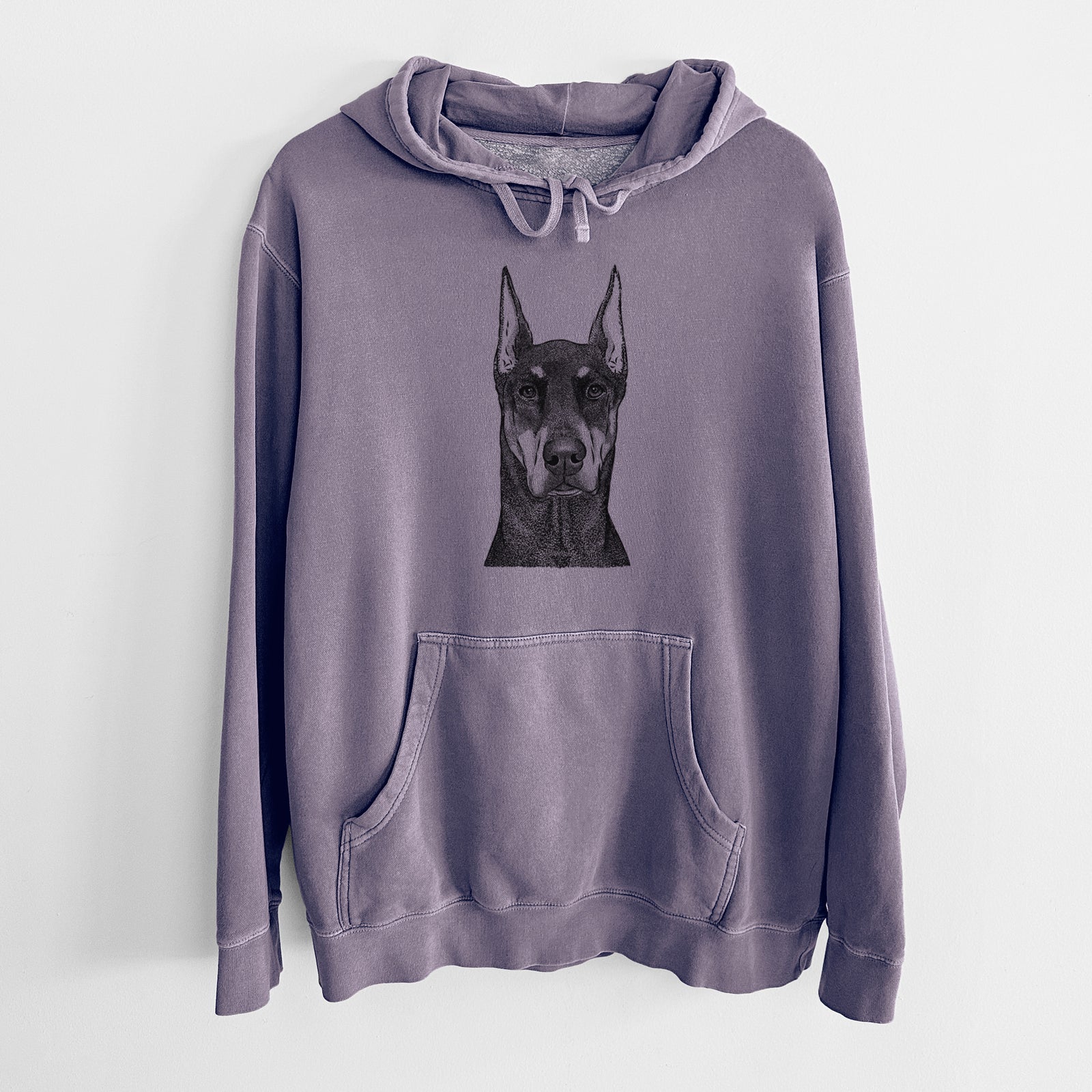 Hand-drawn sketch of Drake the Doberman Pinscher on a Plum Unisex pigment dyed hoodie