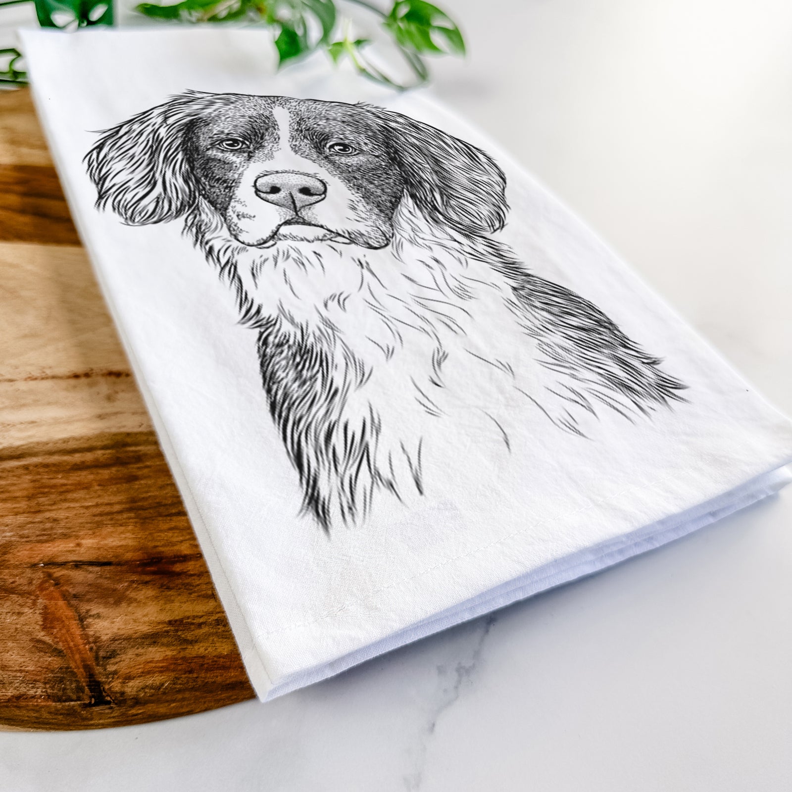 Hand-drawn sketch of Dulce the Drentsche Patrijshond on a tea towel