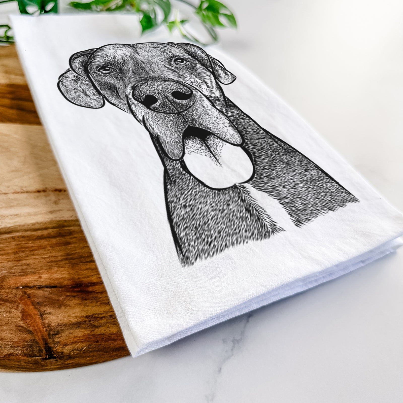 Hand-drawn sketch of Eli the Great Dane on a tea towel