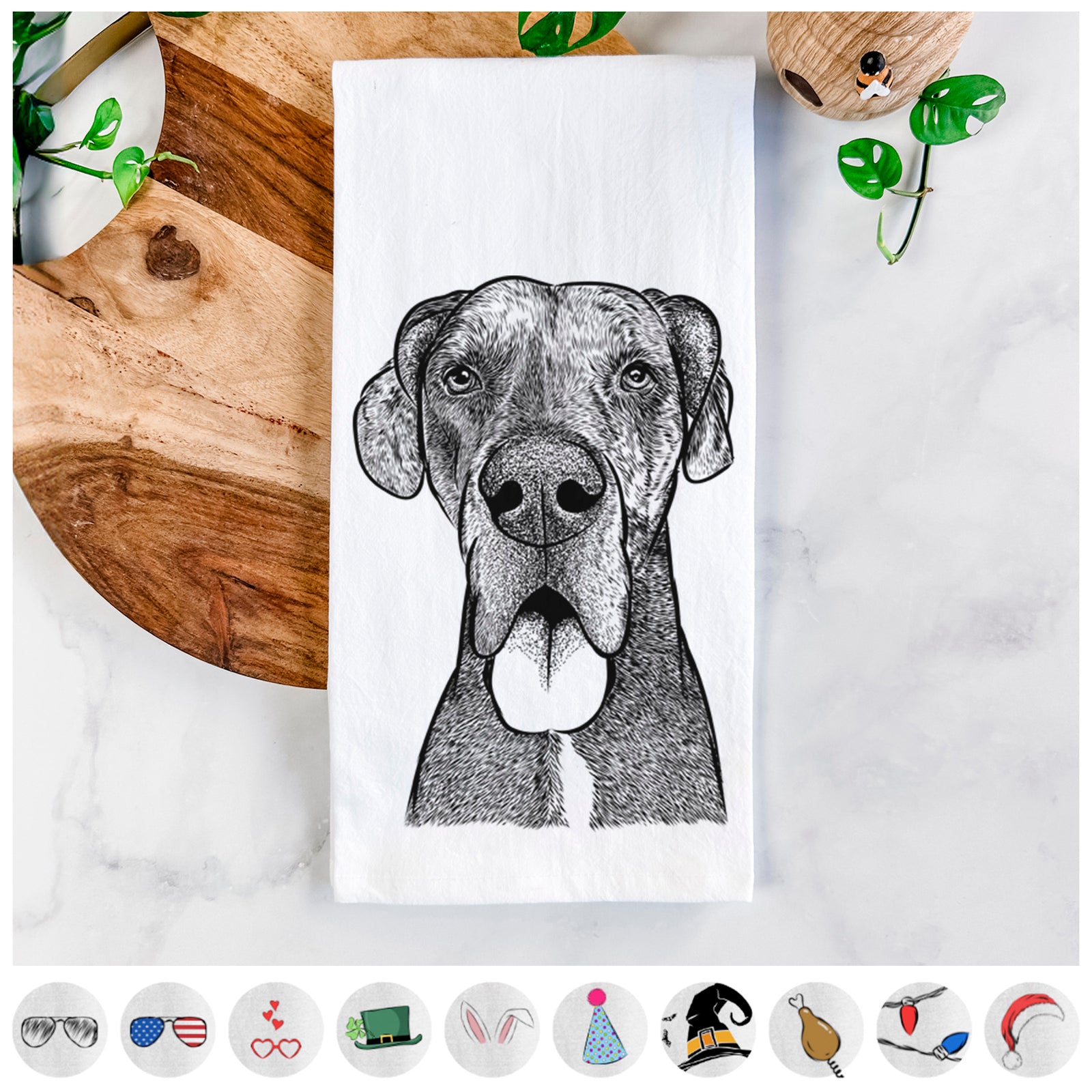 Hand-drawn sketch of Eli the Great Dane on a tea towel, shown with icons of the other available costume styles