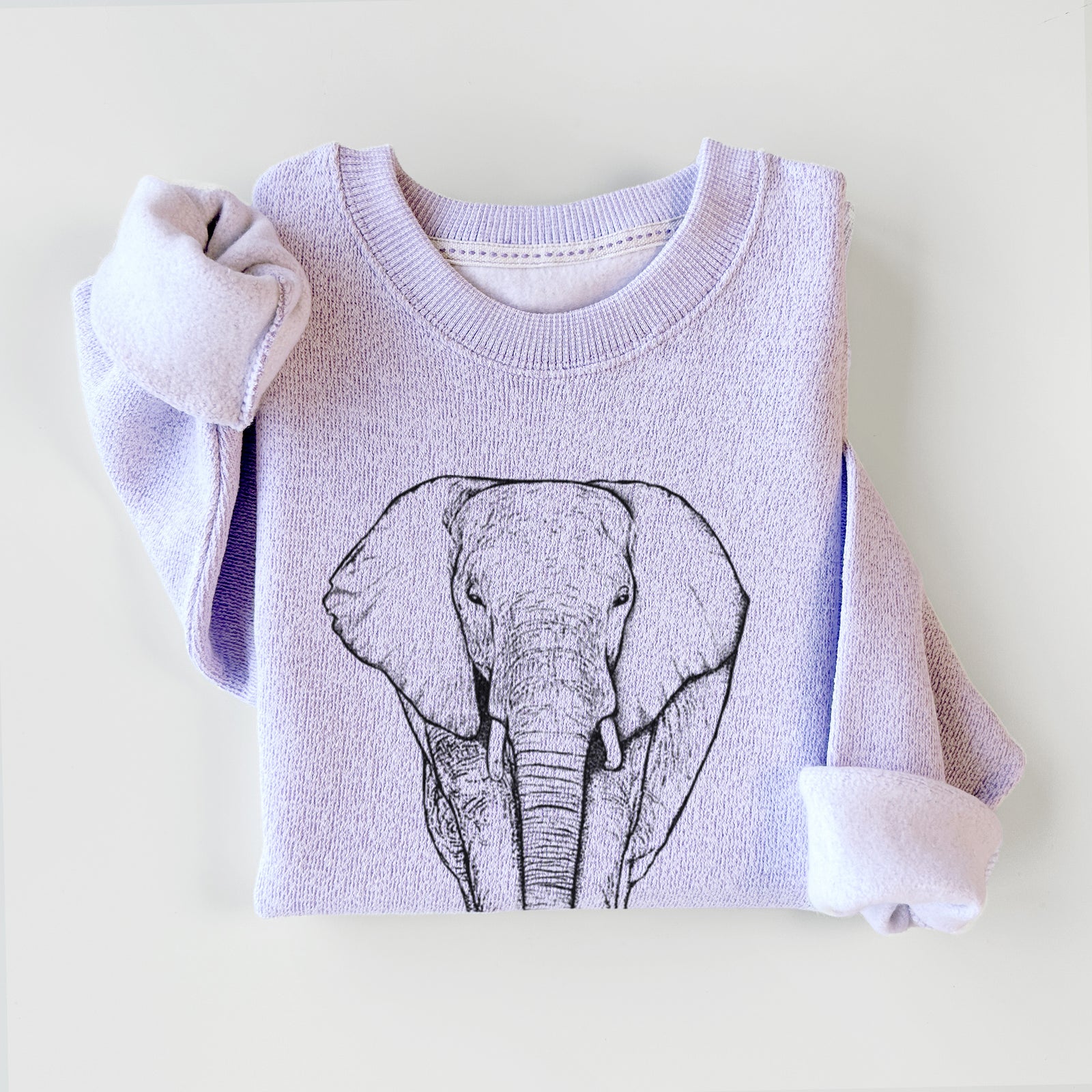 Hand-drawn sketch of Ella the Elephant on an Ice Purple knit sweatshirt