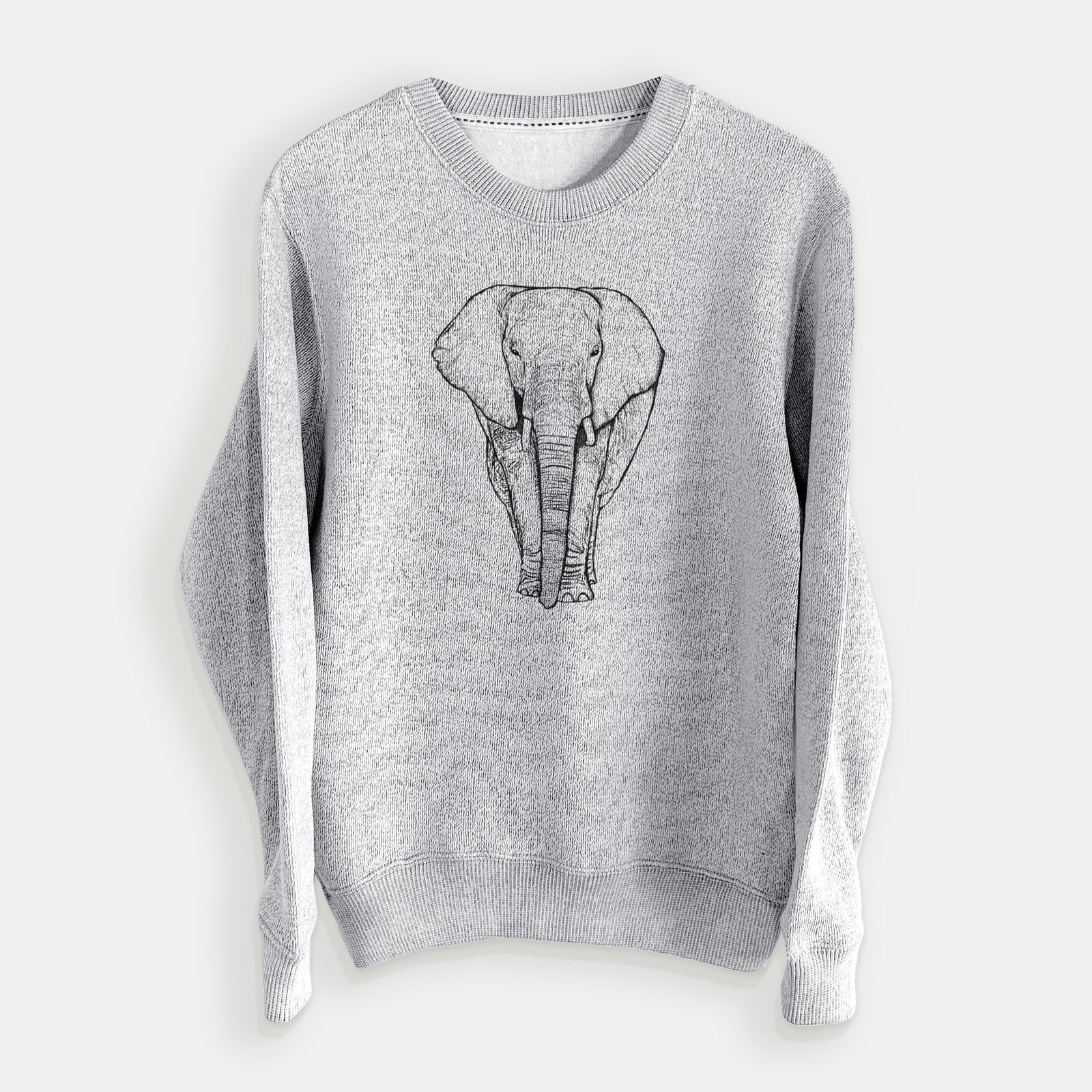 Hand-drawn sketch of Ella the Elephant on a Salt Pepper knit sweatshirt