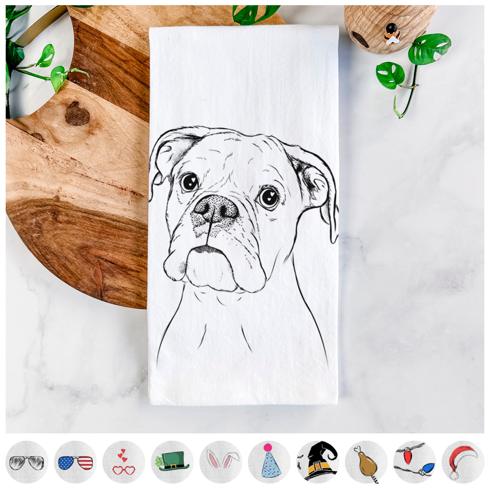 Hand-drawn sketch of Ellie the Boxer on a tea towel, shown with icons of the other available costume styles