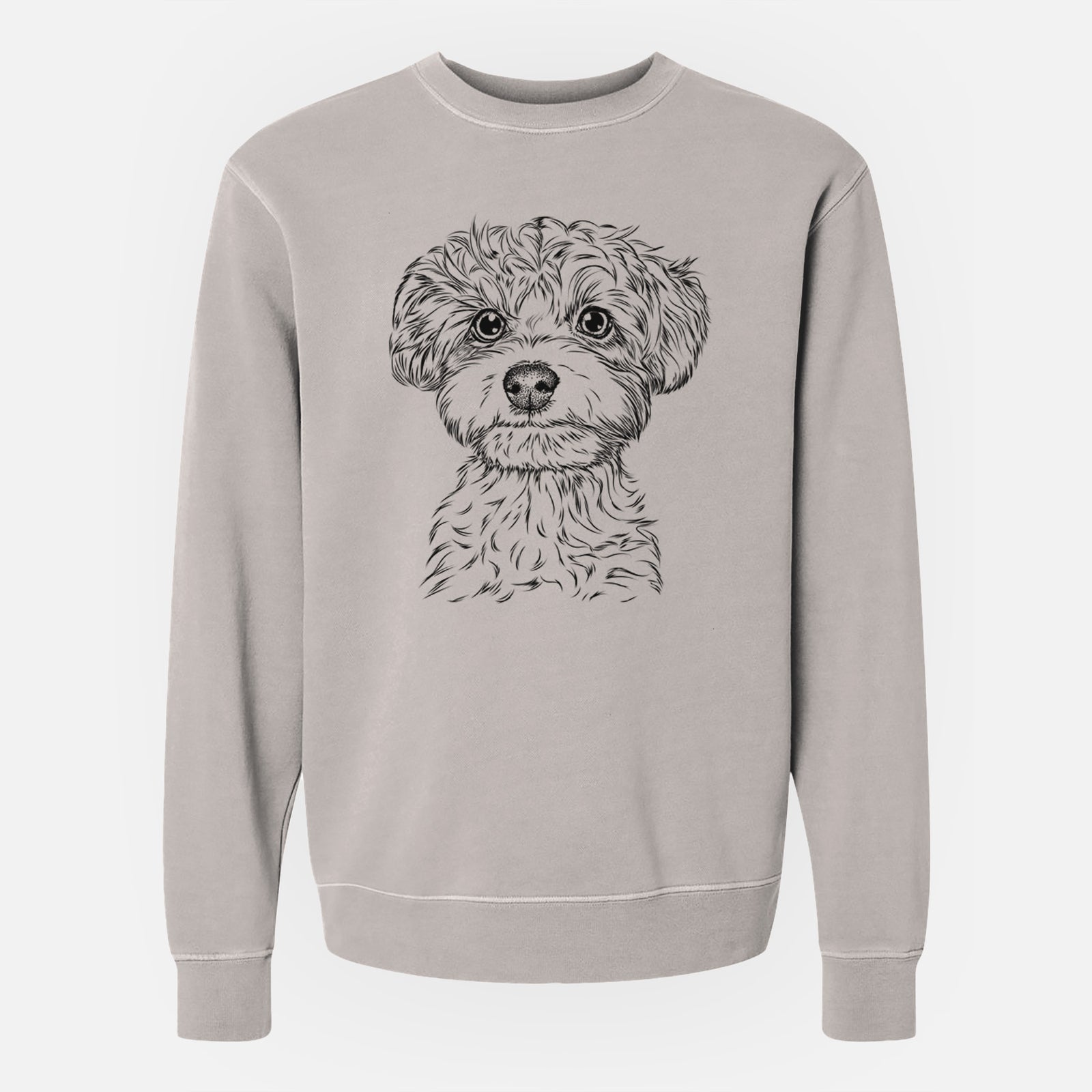 Hand-drawn sketch of Elliott the Yorkiepoo on a Cement Unisex pigment dyed crew sweatshirt