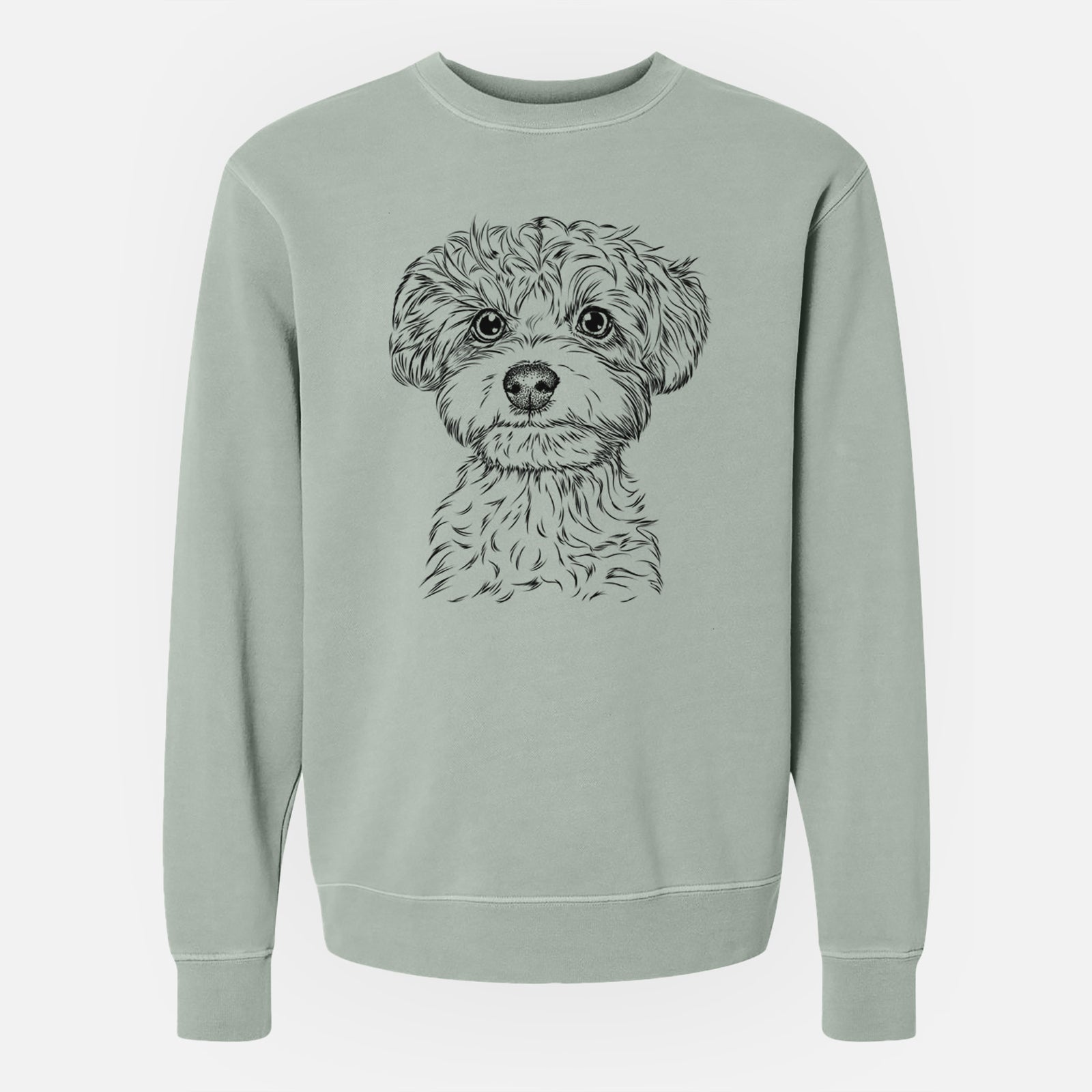 Hand-drawn sketch of Elliott the Yorkiepoo on a Sage Unisex pigment dyed crew sweatshirt