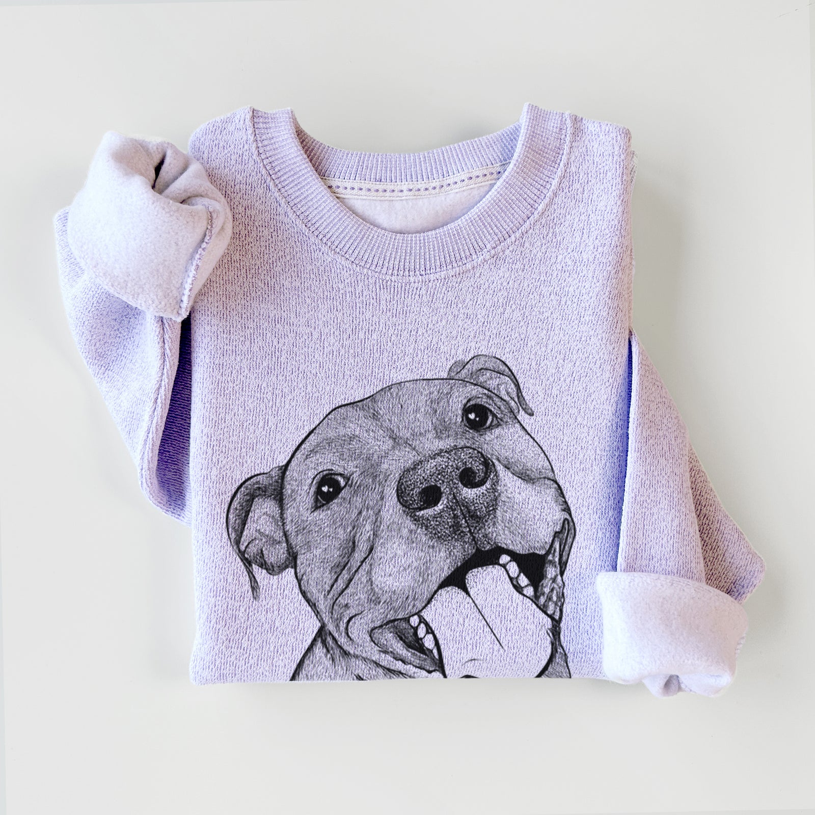Hand-drawn sketch of Eloise the Pitbull Mix on an Ice Purple knit sweatshirt
