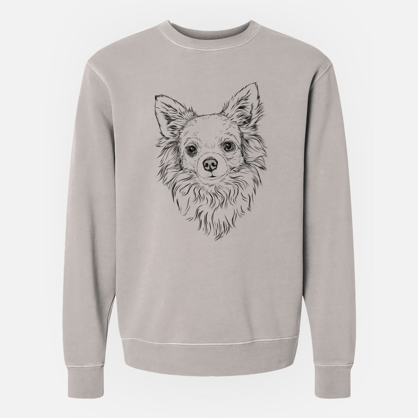 Hand-drawn sketch of Emma the Longhaired Chihuahua on a Cement Unisex pigment dyed crew sweatshirt