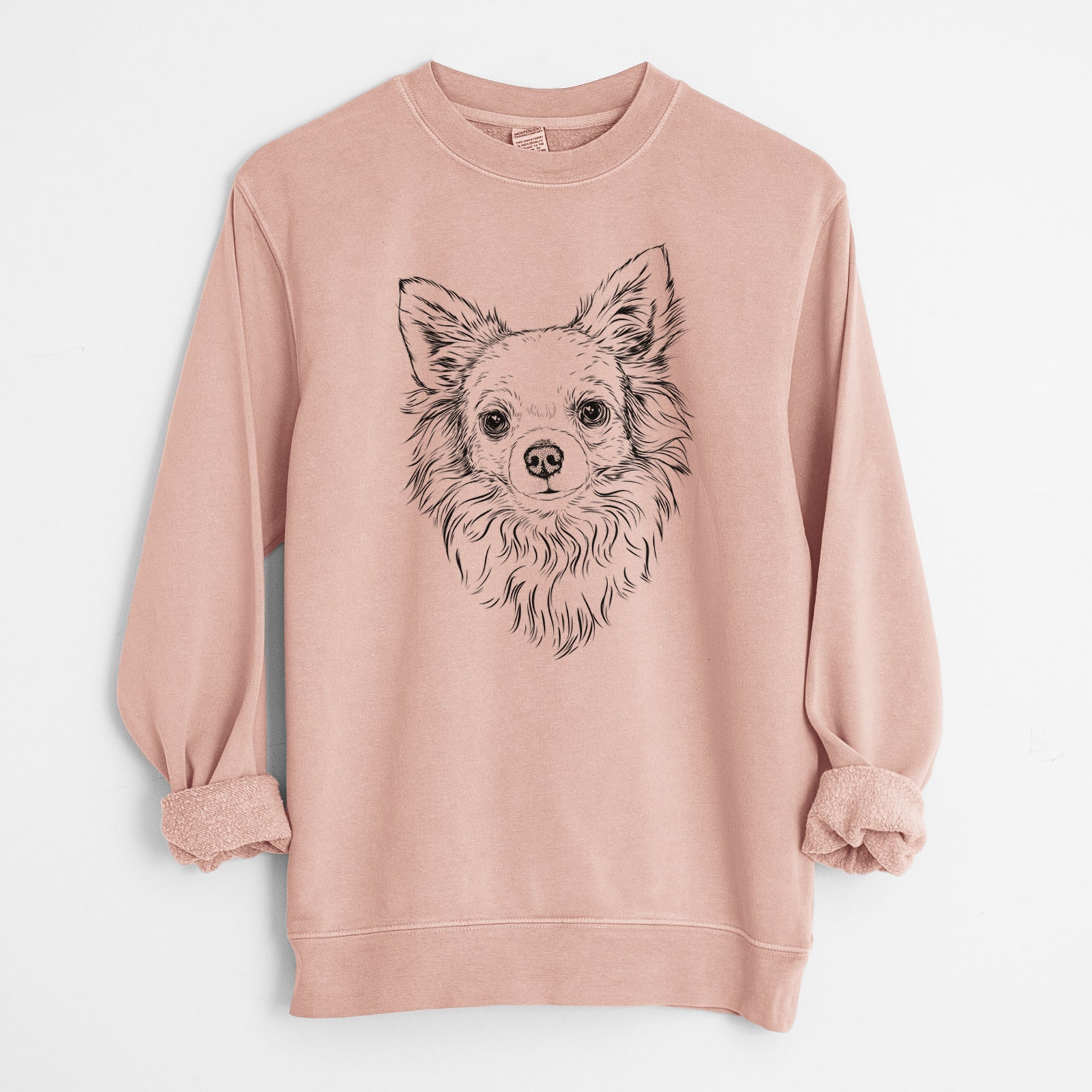 Hand-drawn sketch of Emma the Longhaired Chihuahua on a Dusty Pink Unisex pigment dyed crew sweatshirt