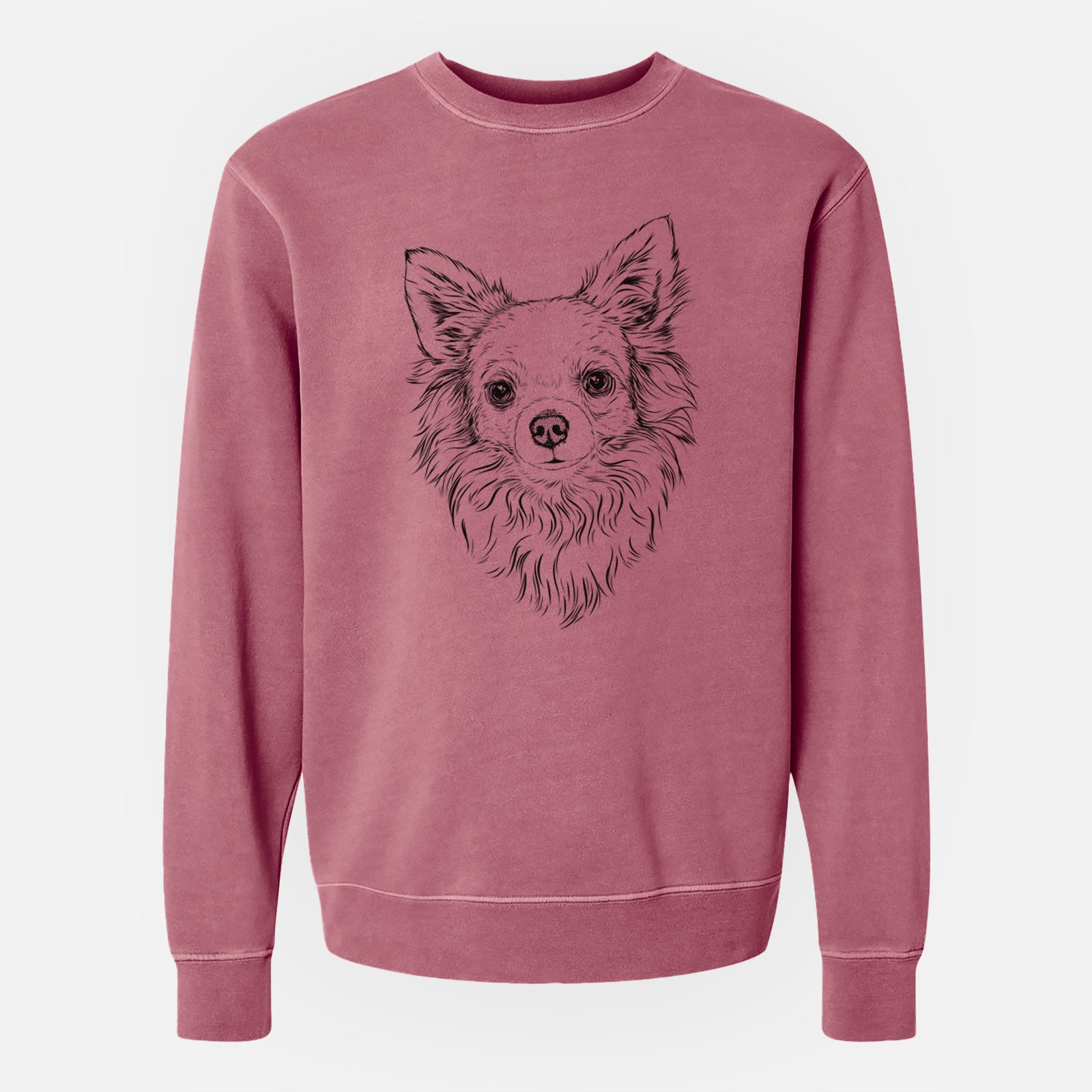 Hand-drawn sketch of Emma the Longhaired Chihuahua on a Maroon Unisex pigment dyed crew sweatshirt