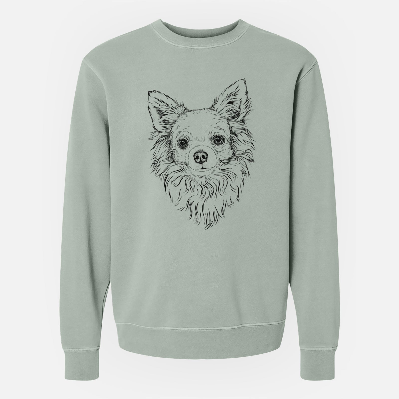 Hand-drawn sketch of Emma the Longhaired Chihuahua on a Sage Unisex pigment dyed crew sweatshirt