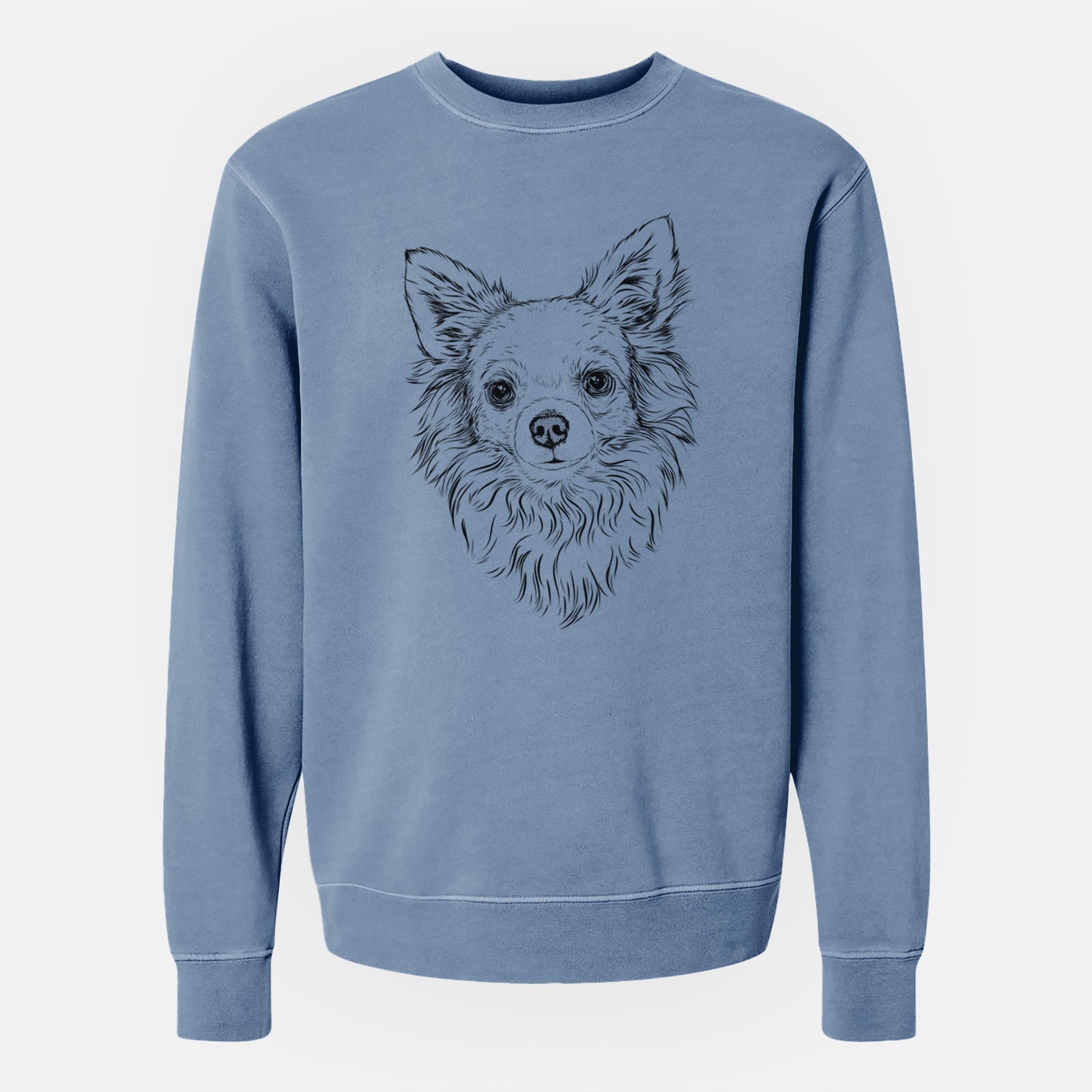 Hand-drawn sketch of Emma the Longhaired Chihuahua on a Slate Blue Unisex pigment dyed crew sweatshirt