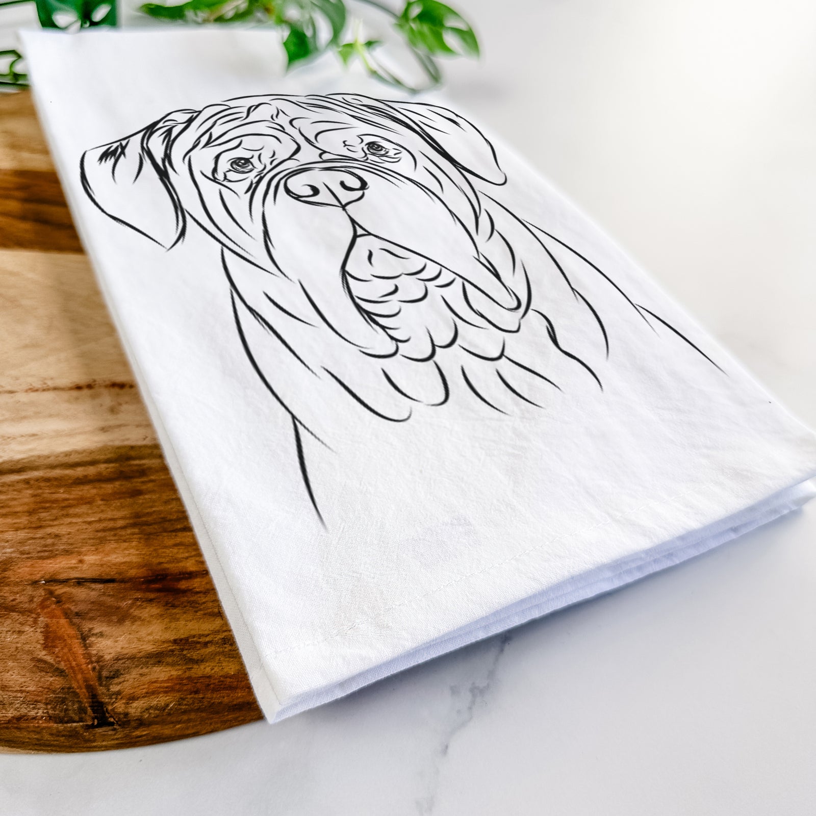 Hand-drawn sketch of Felix the Dogue de Bordeaux on a tea towel