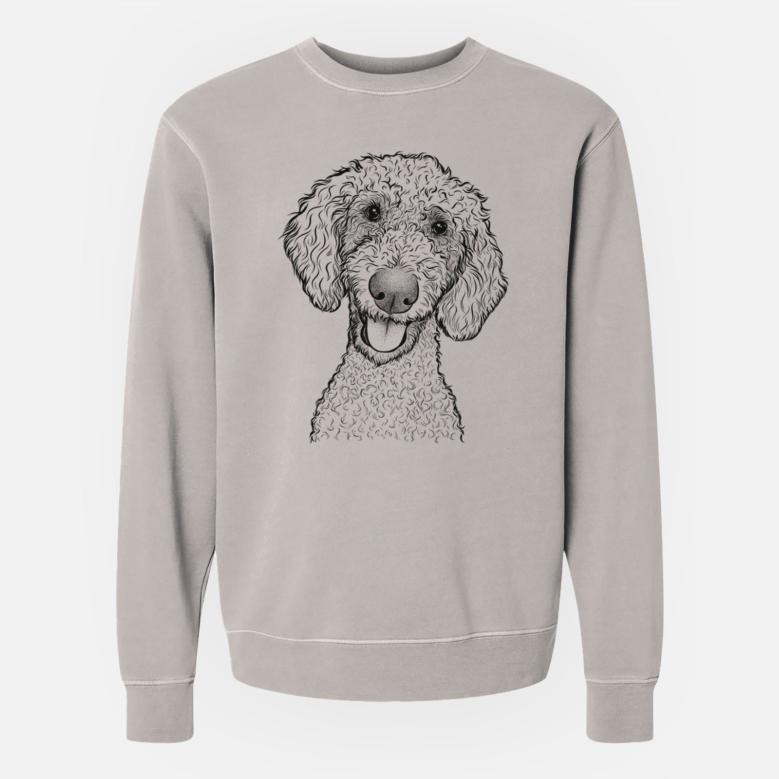 Hand-drawn sketch of Fenway the Goldendoodle on a Cement Unisex pigment dyed crew sweatshirt