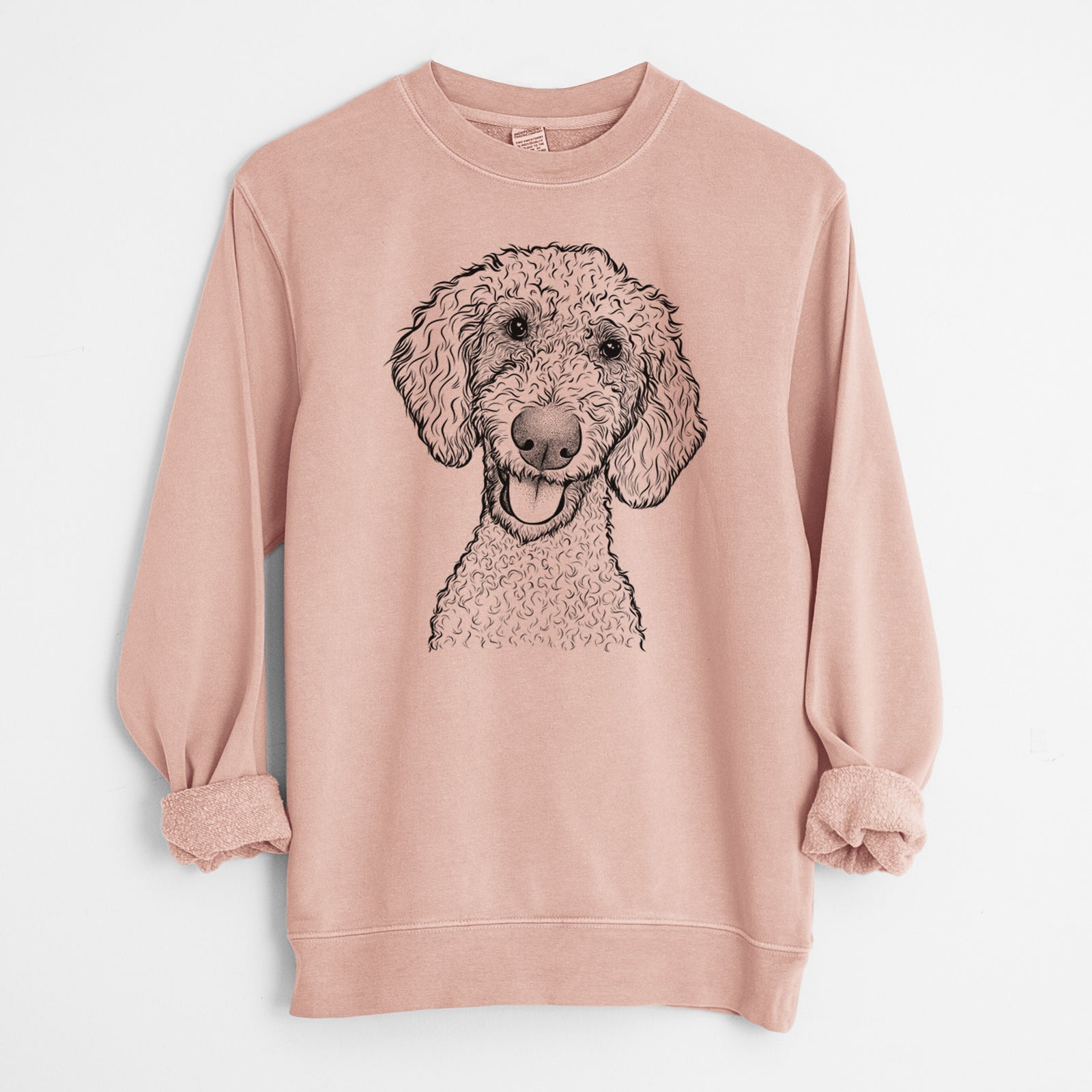 Hand-drawn sketch of Fenway the Goldendoodle on a Dusty Pink Unisex pigment dyed crew sweatshirt