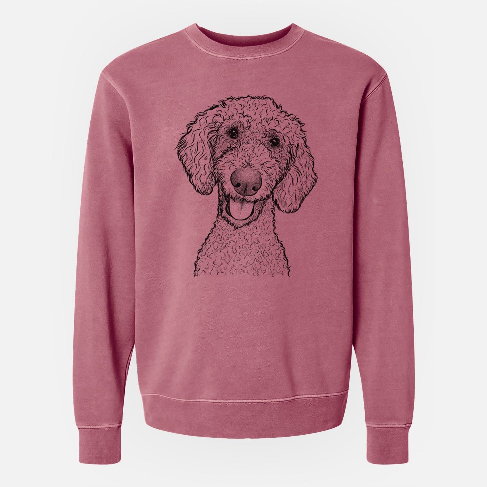 Hand-drawn sketch of Fenway the Goldendoodle on a Maroon Unisex pigment dyed crew sweatshirt