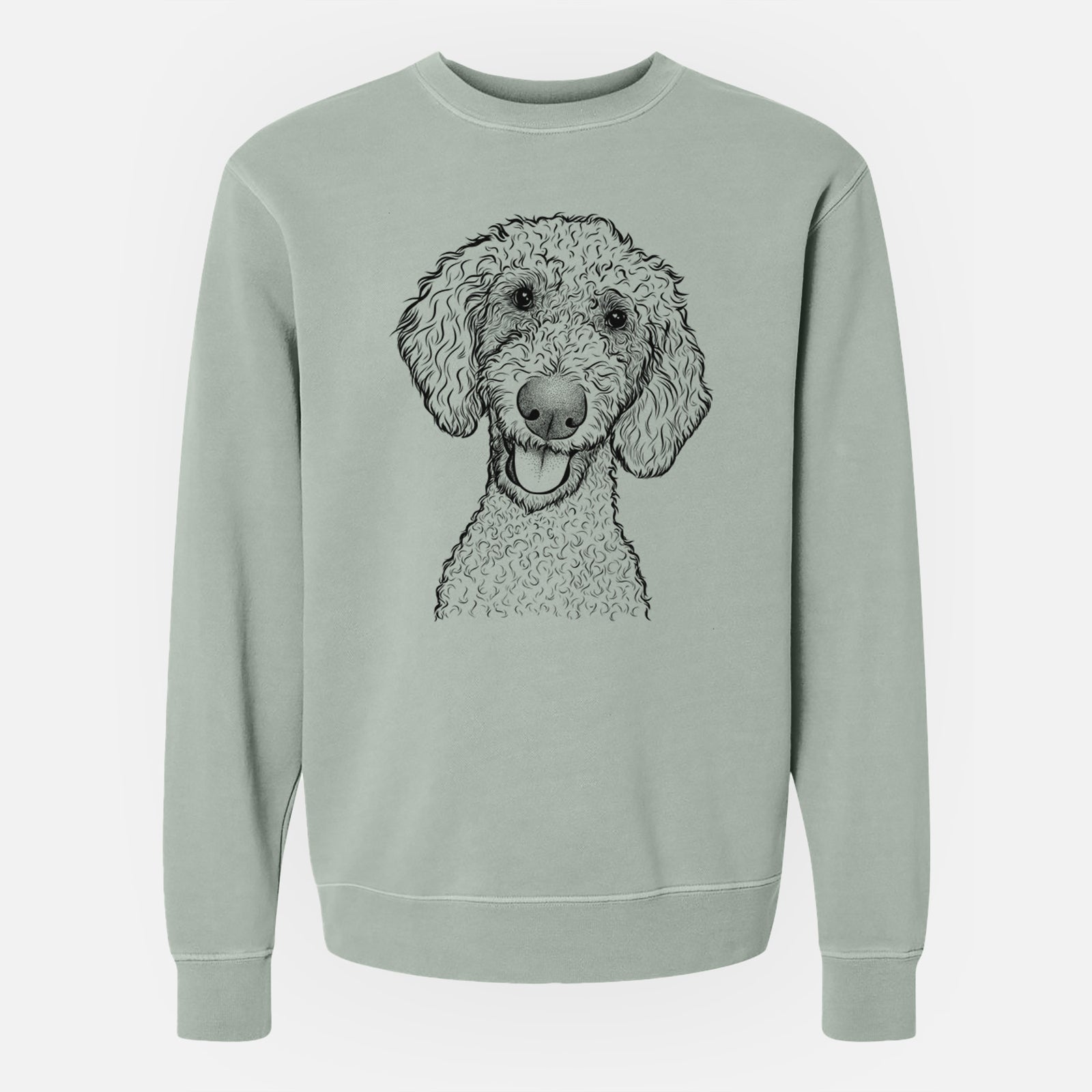 Hand-drawn sketch of Fenway the Goldendoodle on a Sage Unisex pigment dyed crew sweatshirt